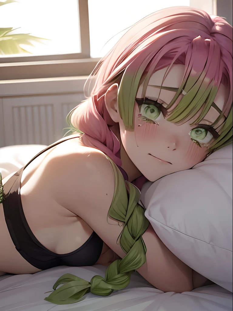 (Crying face), The bikini, Gradient Hair, (Green eyes:1.5), Green hair, Mole under the eyes, multicolored hair, Pink hair, Twin braids, Two-tone hair, Full body, Perfect Lighting,Sleeping on the bed