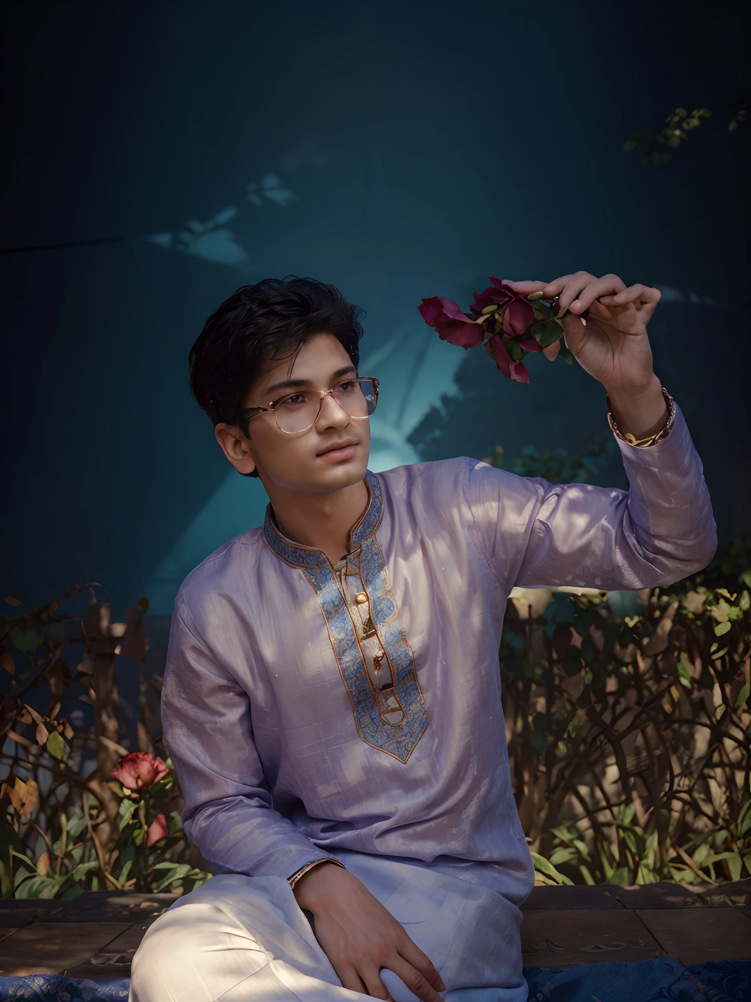 Change background to a beautiful rose garden with mind-blowing blue sky, (realistic:1.3), finely detailed, quality, rembrandt lighting, (masterpiece:1.2), (photorealistic:1.2), (best quality), (detailed skin:1.3), super handsome boy, ultra realistic image,16k resolution, wearing a traditional panjabi