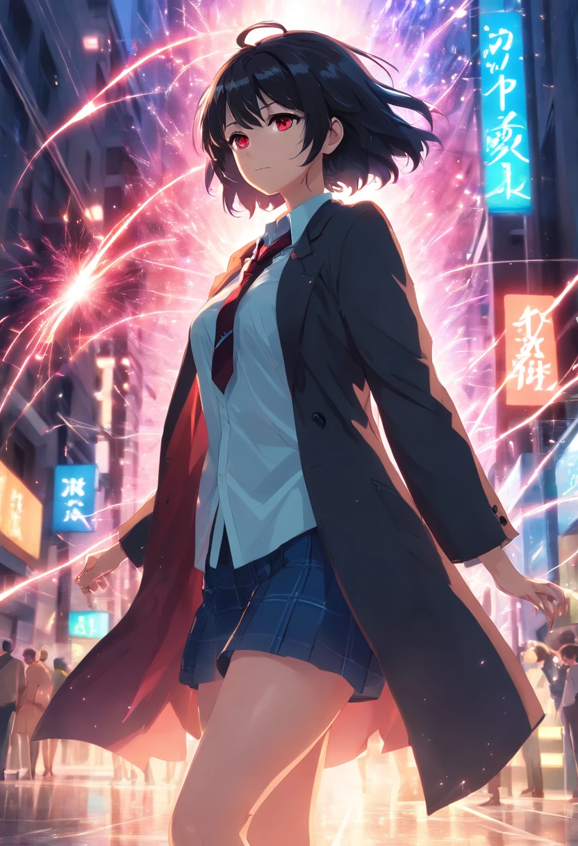 (masterpiece, best quality:1.3), (ultra-detailed:1.3), 1girl, solo, (black hair, messy hair, medium hair), large chest, large boobs, red eyes, (white shirt, black necktie, black coat, open coat), cowboy shot, burning city, cinematic lighting, (((glowing light particles))), (arms behind back), dynamic angle