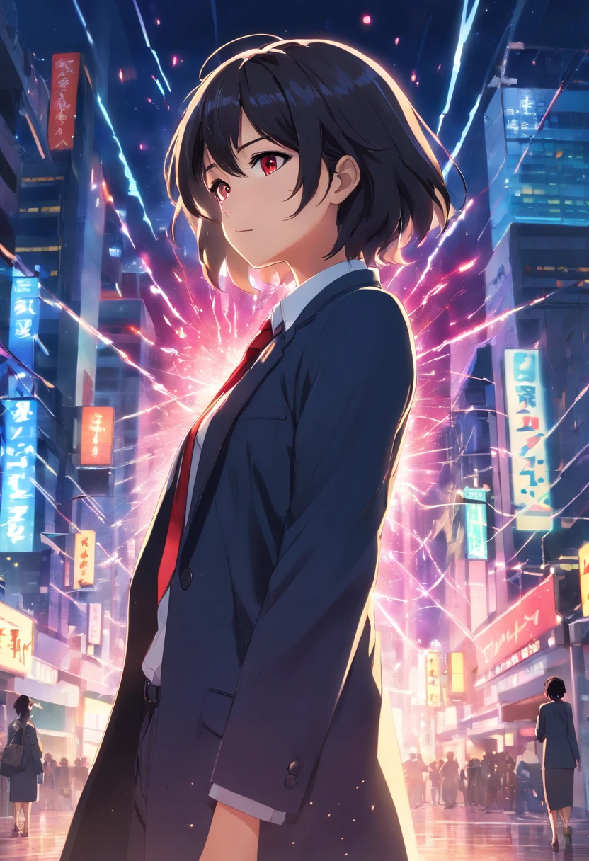 (masterpiece, best quality:1.3), (ultra-detailed:1.3), 1girl, solo, (black hair, messy hair, medium hair), large chest, large boobs, red eyes, (white shirt, black necktie, black coat, open coat), cowboy shot, burning city, cinematic lighting, (((glowing light particles))), (arms behind back), dynamic angle