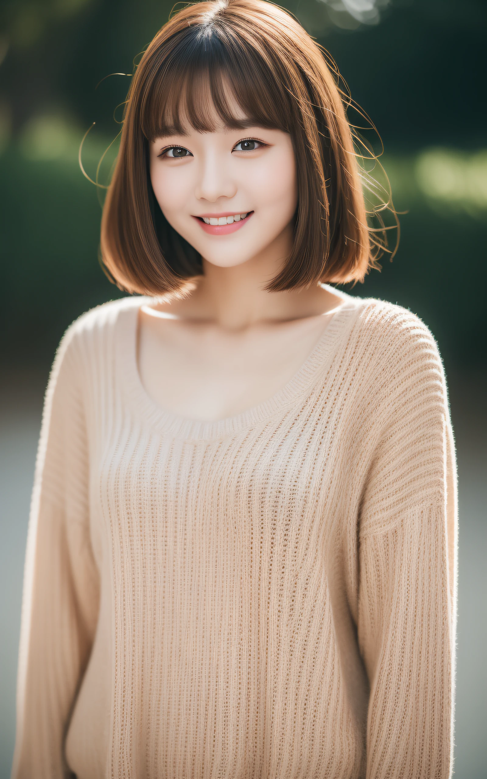 (Masterpiece:1.3), (8k, Photorealistic, RAW Photography, Best Quality: 1.4), soft light, professional lighting, 1girl, 22 years old, neat and clean beauty, closed mouth, smile, Brown short hair, bangs, loose fit sweater