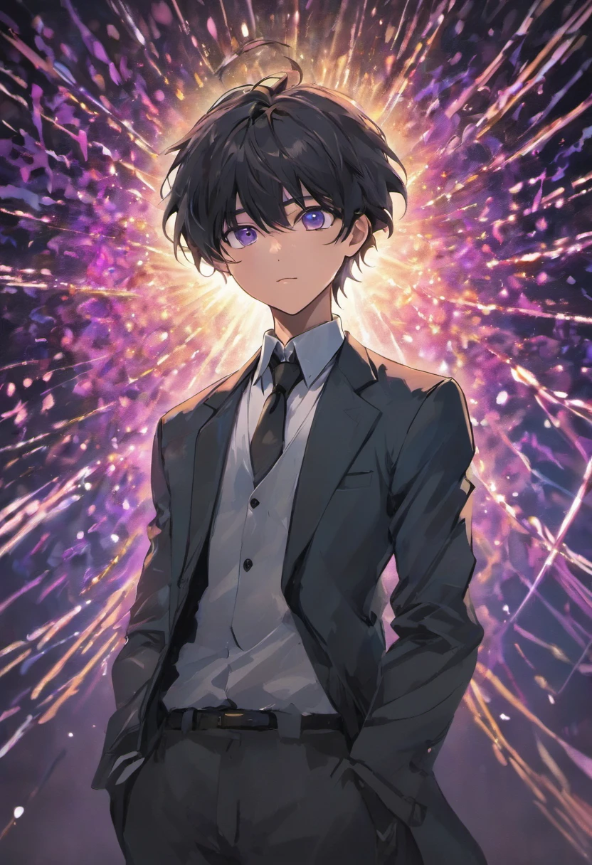 (masterpiece, best quality:1.3), (ultra-detailed:1.3), 1man, solo, (black hair, messy hair, medium hair), purple eyes, (white shirt, black necktie, black coat, open coat), cowboy shot, cinematic lighting, (((glowing light particles))), (arms behind back), dynamic angle, Confident expression,