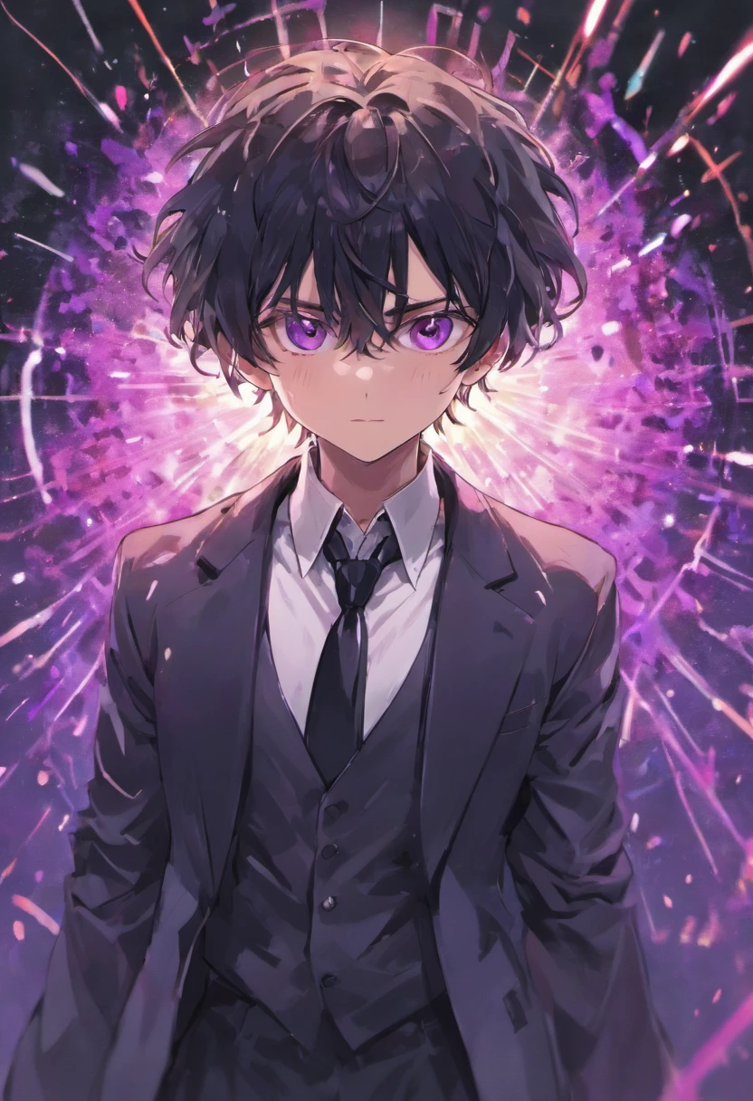 (masterpiece, best quality:1.3), (ultra-detailed:1.3), 1man, solo, (black hair, messy hair, medium hair), purple eyes, (white shirt, black necktie, black coat, open coat), cowboy shot, cinematic lighting, (((glowing light particles))), (arms behind back), dynamic angle, Confident expression,