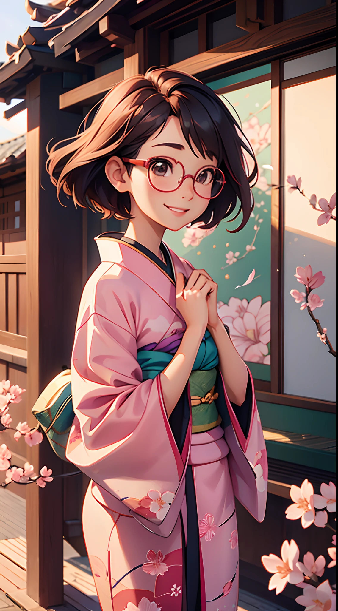 Female, young, shop,kimono,cherry blossom, ,blowing wind, flowing hair, smiling, Glasses, short hairs