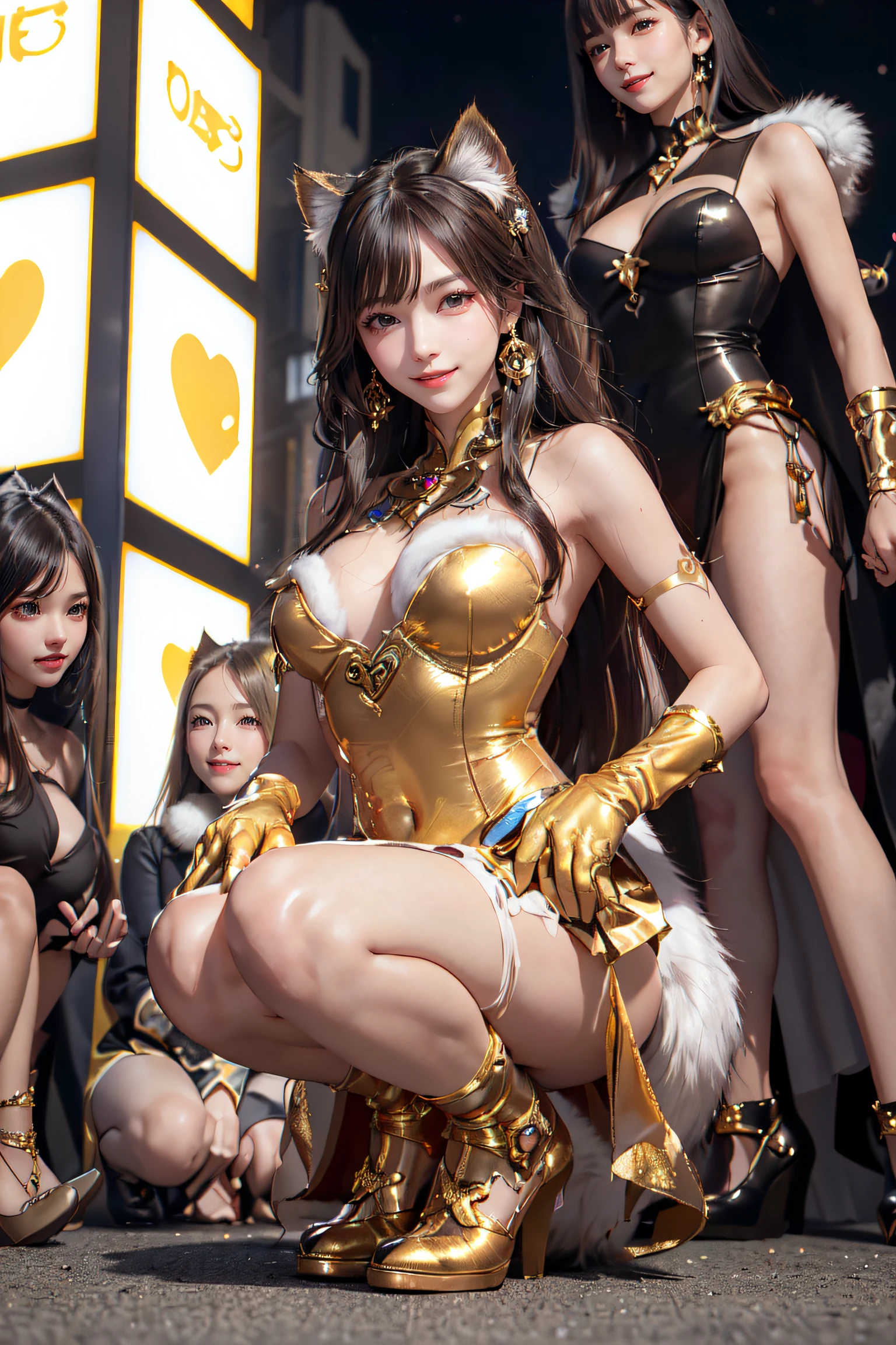 masterpiece, top-quality, top-quality, Beautifully Aesthetic:1.2, 1girl, Halloween night, ((Wearing a high-quality heart-shaped cutout Gold costume of fur of cat, gloves of cat, cat paw-shaped shoes, fur miniskirt):1.2), (Silver pin heels:1.1), high detailed, (kneeling with hands on the ground:1.3), large breasts, firm breast, nicely shaped breasts, slender figure,
((Dark Brown Hair)), wavy hair, (medium long hair:1.2),
((in the middle of very crowded Shibuya's scramble crossing at late night:1.2)), ((Surrounded by many people wearing various costumes)), (Full body shot:1.1), (From below:1.3),