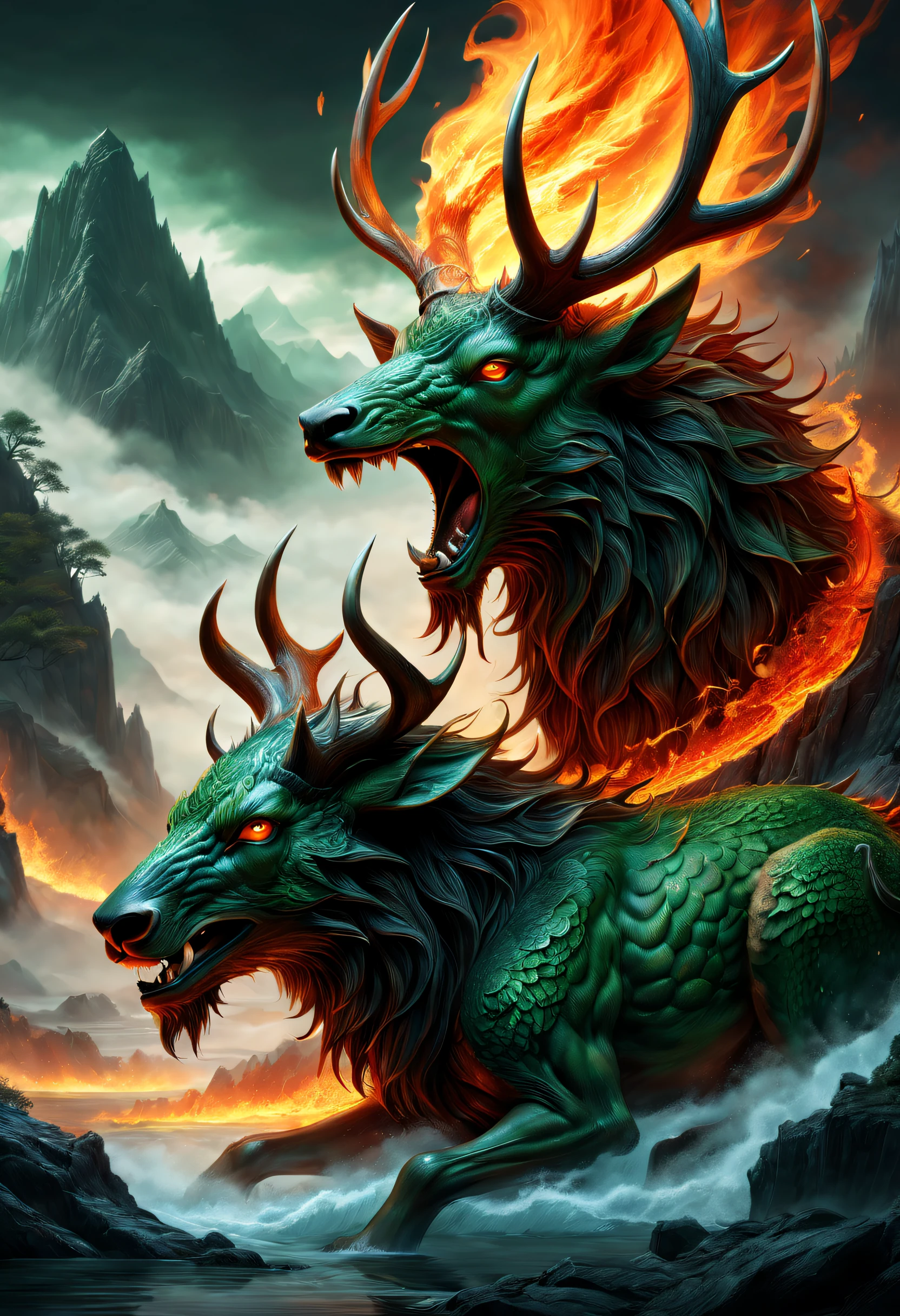 tmasterpiece,high high quality,high definition resolution,16k,realisticlying,(the mountains and the sea),Evil monsters from hell,The demons,Ferocious,brutality,Old,Black-green scales,quadrupedal,deer antlers,mane hair,,Sharp claws,beast of prey,Fangs and sharp teeth,Sparkling red eyes,Gigantic body,full bodyesbian,Harnessing the flames,Use ice magic,Ice and fire magic,Chinese mythology,Oriental elements,Epic mythological fantasy,digital art fantasy,Ancient myths and legends,mythological creatures,Intricate fantasy illustrations, Detailed fantasy illustration, fantasy highly detailed, beautiful detailed fantasy, magic fantasy highly detailed, highly detailed fantasy art, epic rivendell fantasy, detailed fantasy digital art, detailed fantasy art