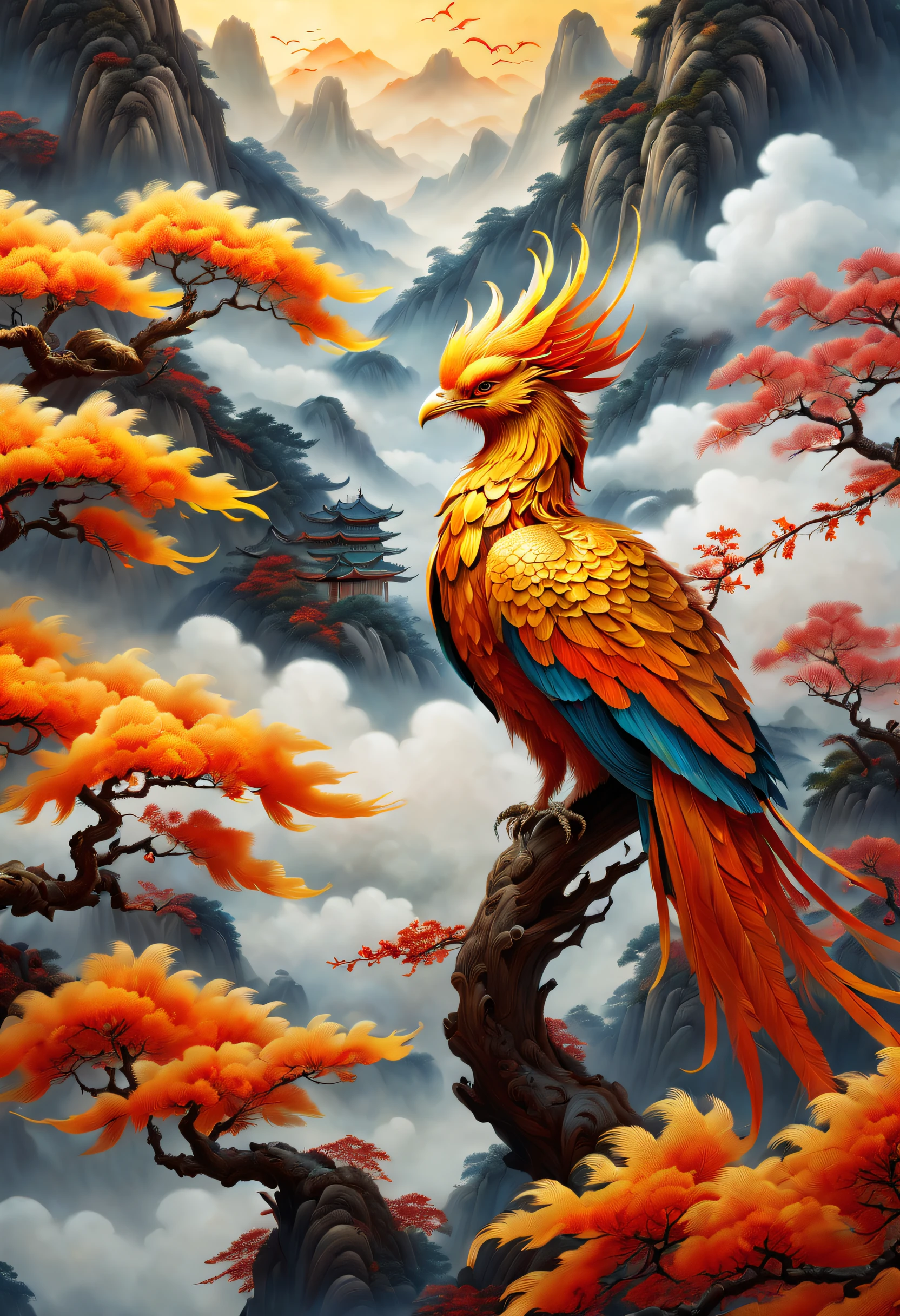 An ancient Chinese painting,There are glowing phoenixes on plane trees,fanciful,4K high quality and lifelike,mountain ranges, rios,Auspicious clouds,The feathers are colored,Dazzling,The long tail takes on colorful colors, super detailing, Epic composition, hyper HD, high qulity, extremely detaile, offcial art, 统一 8k 壁纸, super detailing, 32K