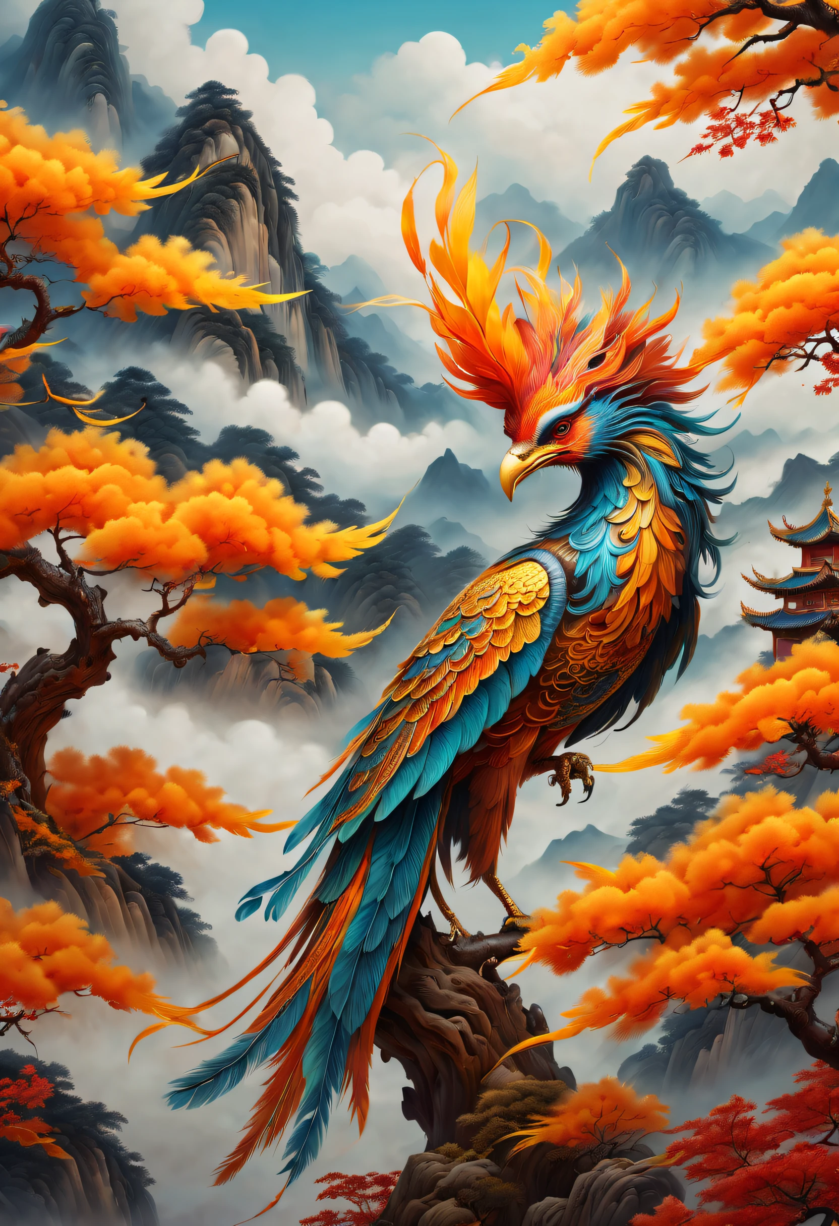 An ancient Chinese painting,There are glowing phoenixes on plane trees,fanciful,4K high quality and lifelike,mountain ranges, rios,Auspicious clouds,The feathers are colored,Dazzling,The long tail takes on colorful colors, super detailing, Epic composition, hyper HD, high qulity, extremely detaile, offcial art, 统一 8k 壁纸, super detailing, 32K