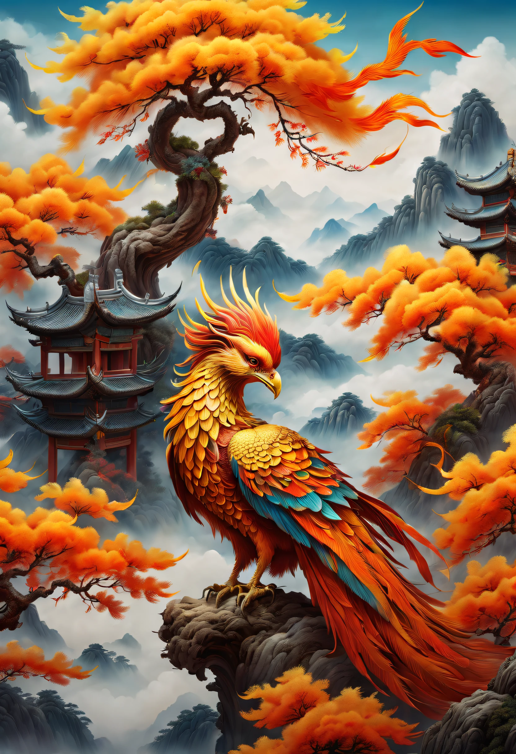 An ancient Chinese painting，There are glowing phoenixes on plane trees，fanciful，4K high quality and lifelike，mountain ranges， rios，Auspicious clouds，The feathers are colored，Dazzling，The long tail takes on colorful colors， super detailing， Epic composition， hyper HD， high qulity， extremely detaile， offcial art， 统一 8k 壁纸， super detailing， 32K