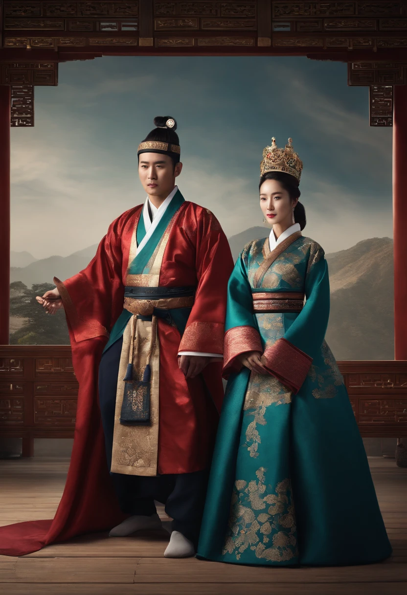 a man and a women background of the ancient Korean kingdom. men and women, whole body full HD, cinematic, background of the ancient Korean kingdom, real picture, royal regalia, crown, photoreal, cinematic, realistic,