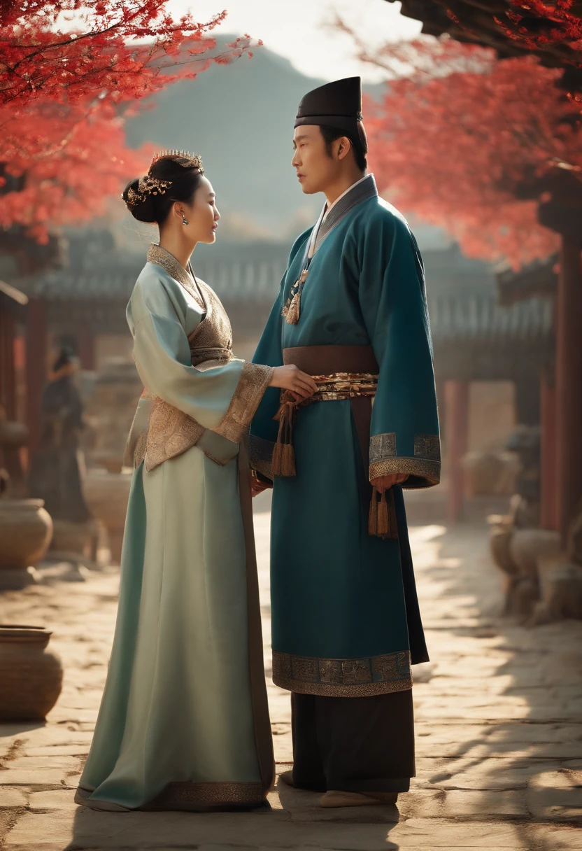 a man and a women background of the ancient Korean kingdom. men and women, whole body full HD, cinematic, background of the ancient Korean kingdom, real picture, royal regalia, crown, photoreal, cinematic, realistic,