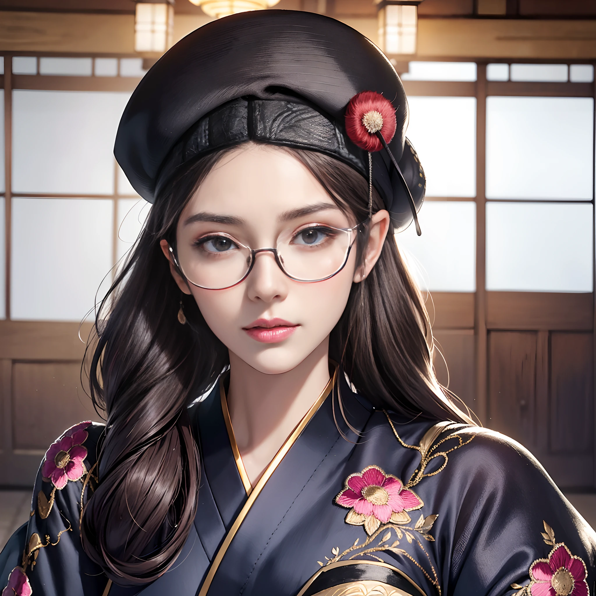 Background of details(palatial palace),elaborate costume(Luxury kimono(Colorful kimono(detailed embroidery))),BREAK 1 Beautiful and Classy Adult Woman(Japanese actressl:1.2)(glossy dark hair((Hats(beret)),poneyTail:1.2)),(eye glasses:1.5), Wallpapers 16K,Blur the background,(masutepiece:1.5), (Best Quality:1.5),(Portrait photos:1.5),full body Esbian