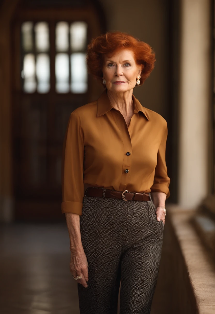 A woman (66 years old), painted ginger hair, female shirt with buttons, pantalona pants, short stature, Chanel haircut, light brown skin