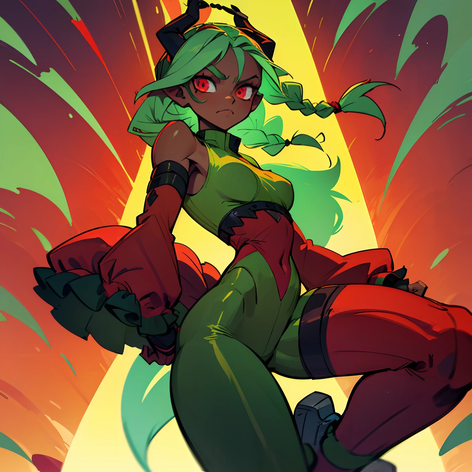 A dark skinned girl with dragon horns and a green tail. Her long green hair is in a loose braid and sometimes falls over her red eyes. She wears red athletic clothes as she trains. (Perfect anatomy)