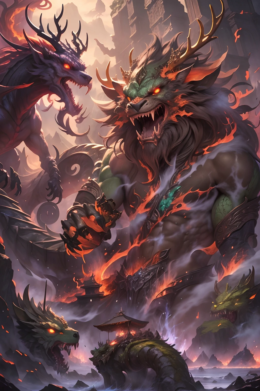 tmasterpiece,high high quality,high definition resolution,16k,realisticlying,(the mountains and the sea),Evil monsters from hell,The demons,Ferocious,brutality,Old,Black-green scales,quadrupedal,deer antlers,mane hair,,Sharp claws,beast of prey,Fangs and sharp teeth,Sparkling red eyes,Gigantic body,full bodyesbian,Harnessing the flames,Use ice magic,Ice and fire magic,Chinese mythology,Oriental elements,Epic mythological fantasy,digital art fantasy,Ancient myths and legends,mythological creatures,Intricate fantasy illustrations, Detailed fantasy illustration, fantasy highly detailed, beautiful detailed fantasy, magic fantasy highly detailed, highly detailed fantasy art, epic rivendell fantasy, detailed fantasy digital art, detailed fantasy art