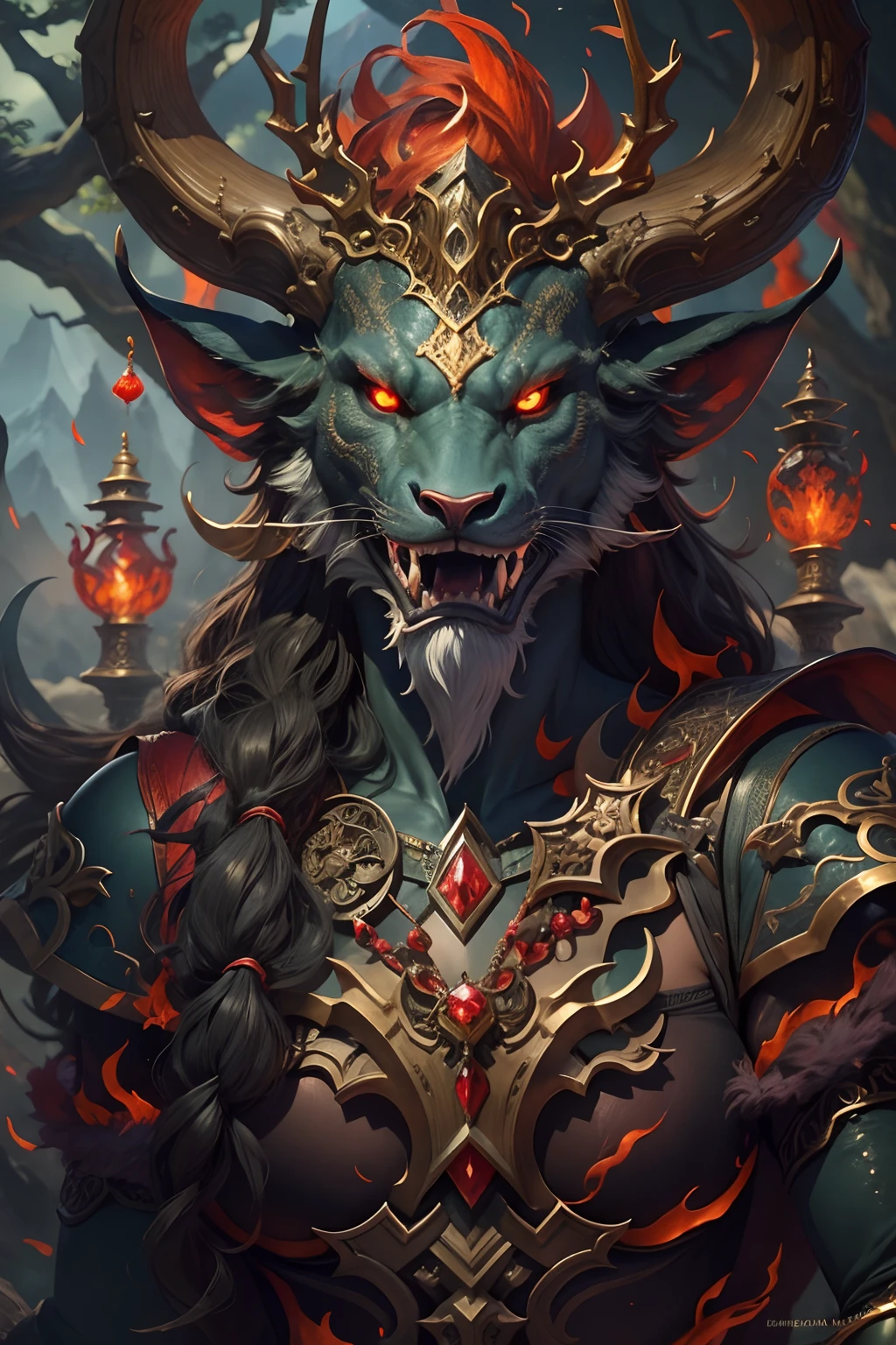 tmasterpiece,high high quality,high definition resolution,16k,realisticlying,(the mountains and the sea),Evil monsters from hell,The demons,Ferocious,brutality,Old,Black-green scales,quadrupedal,deer antlers,mane hair,,Sharp claws,beast of prey,Fangs and sharp teeth,Sparkling red eyes,Gigantic body,full bodyesbian,Harnessing the flames,Use ice magic,Ice and fire magic,Chinese mythology,Oriental elements,Epic mythological fantasy,digital art fantasy,Ancient myths and legends,mythological creatures,Intricate fantasy illustrations, Detailed fantasy illustration, fantasy highly detailed, beautiful detailed fantasy, magic fantasy highly detailed, highly detailed fantasy art, epic rivendell fantasy, detailed fantasy digital art, detailed fantasy art