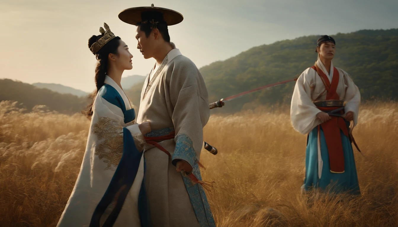 a man and a women background of the ancient Korean kingdom. men and women, whole body full HD, cinematic, background of the ancient Korean kingdom, real picture, royal regalia, crown, photoreal, cinematic, realistic,