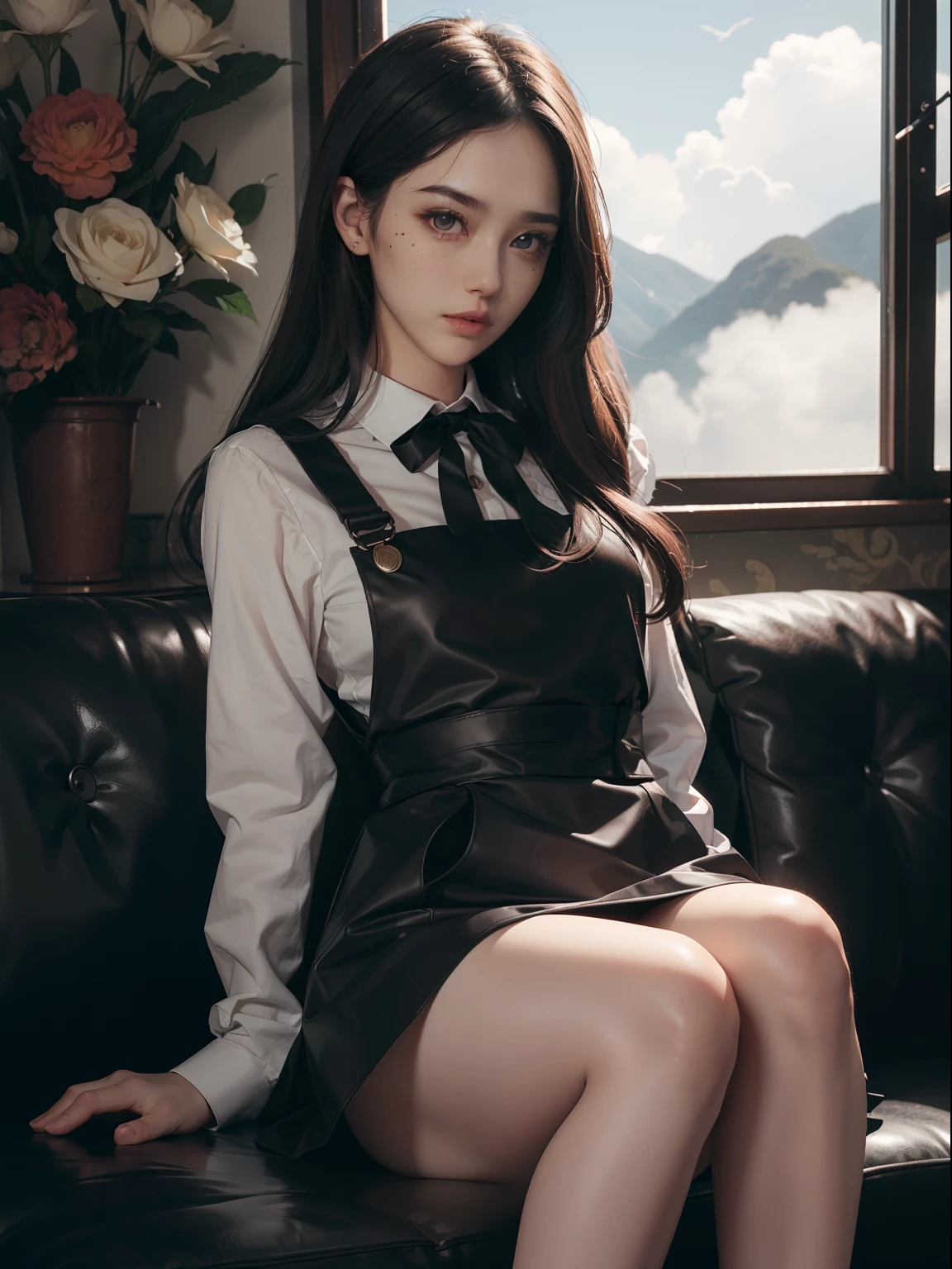 (Hyper-realistic), (Illustration), (High resolution), (8K), (Extremely detailed), (Best Illustration), Yol ( chain saw man ), (Beautiful detailed eyes), (Best Quality), (Ultra-detailed), (masutepiece), (Wallpaper), (Detailed face), Solo, Upper body, Focus on Face, 1 girl, Long Black Hair, Korean, Thin eyeshadow, A detailed eye, Brown eyes, Small moles under the eyes, very slender legs,Long sleeve shirt, Neckbow, Small breasts,Black leather shoes,pinafore dress, Dynamic Pose, low illuminance, Night, Dark, Clouds, a dark night,sit on sofa,