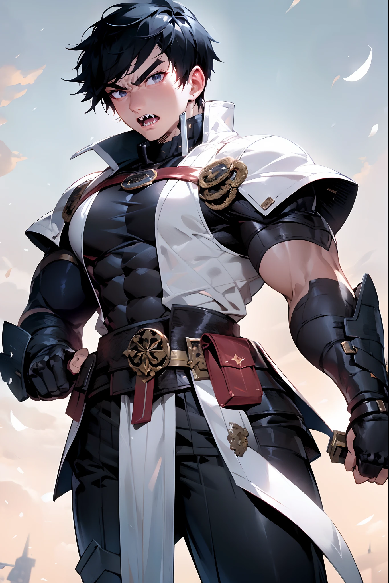 muscular male, black hair, military cloths, military uniform, sword holding, short hair, black eyes, sharpteeth