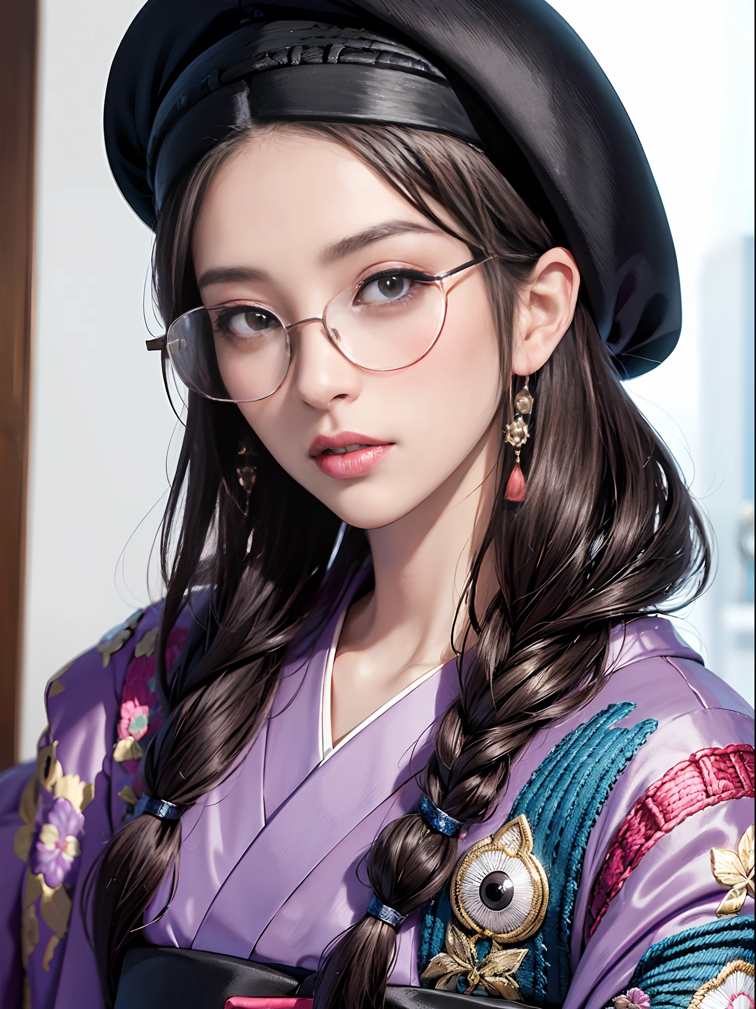 Background of details(palatial palace),elaborate costume(Luxury kimono(Colorful kimono(detailed embroidery))),BREAK 1 Beautiful and Classy Adult Woman(Japanese actressl:1.2)(glossy dark hair((Hats(beret)),poneyTail:1.2)),(eye glasses:1.5), Wallpapers 16K,Blur the background,(masutepiece:1.5), (Best Quality:1.5),(Portrait photos:1.5),full body Esbian