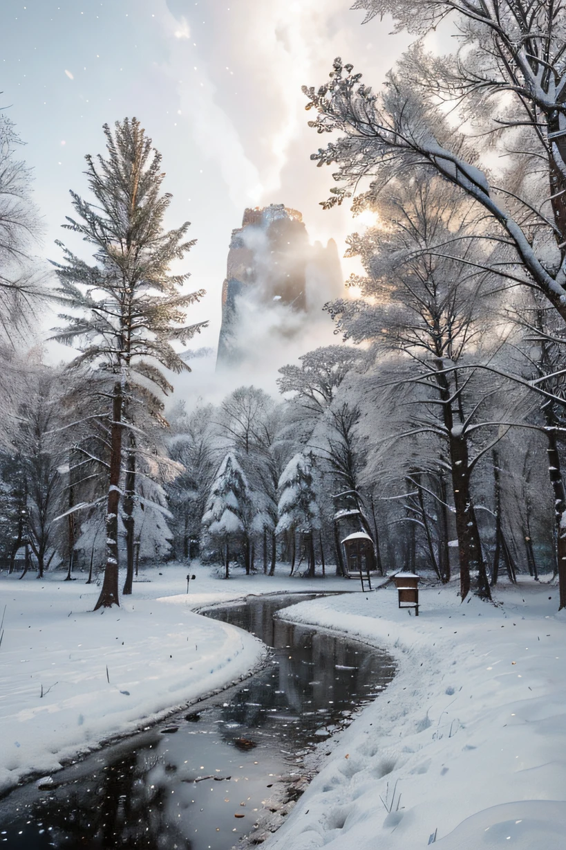 Create a magnificent scene of a snow-covered forest in Niagara, vista de cima, com uma lua vermelha brilhando intensamente no horizonte. Represente a paisagem com riqueza de detalhes, Where the white mist embraces the trees, Every heavy twig of snow and frozen leaf being a thread in a shiny tapestry. Os pinheiros, imponentes e verdes, destacam-se na paisagem. Adicione vida sutil, like nimble squirrel tracks and deer tracks, quebrando a pureza da neve. Ilustre a lua vermelha, casting an ominous light that creates elongated shadows and highlights the starry sky. Capture a serenidade deste reino de inverno, um ballet silencioso aguardando a primavera. A imagem deve refletir o estilo encantador de cartoon.