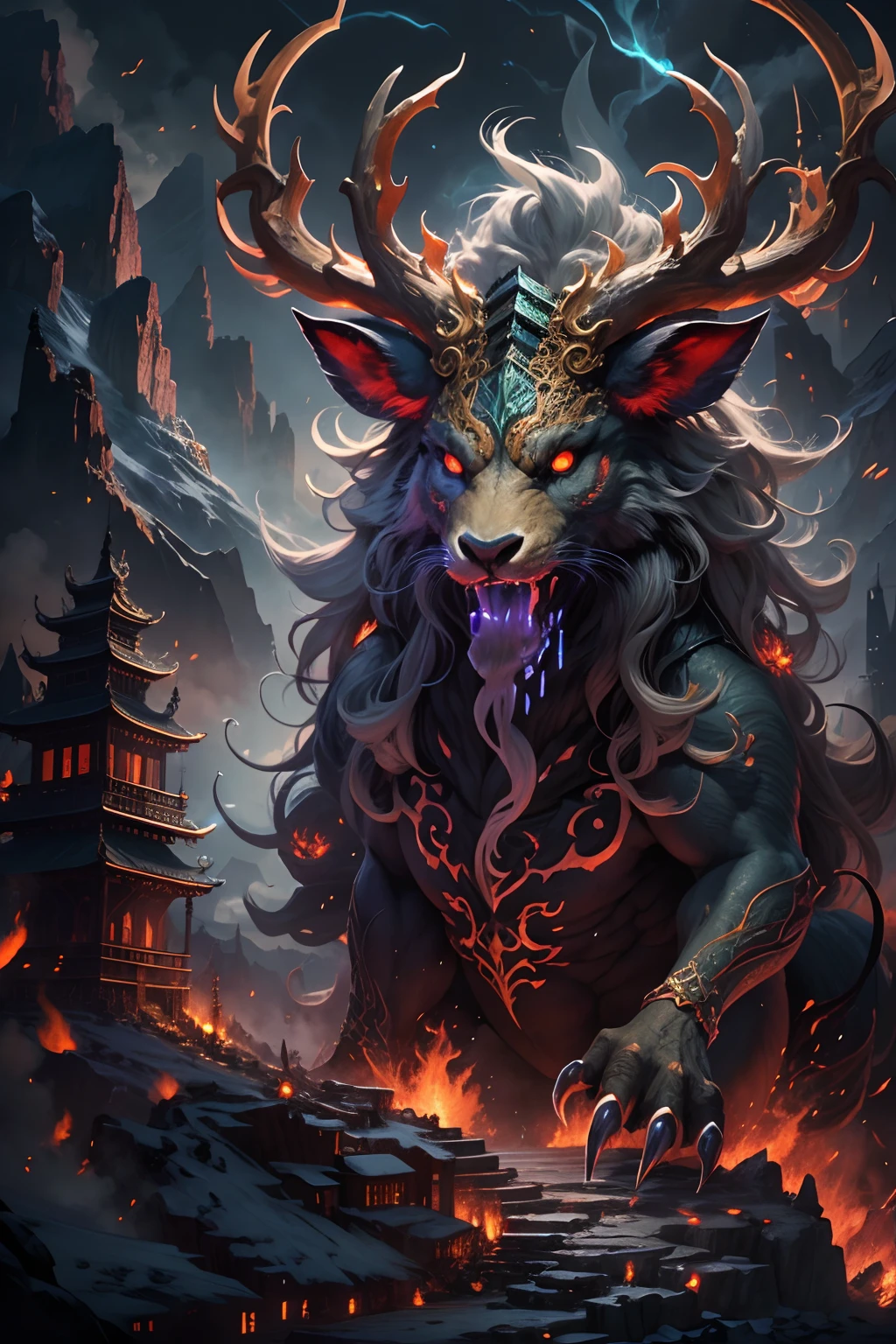 tmasterpiece,high high quality,high definition resolution,16k,realisticlying,(the mountains and the sea),Evil monsters from hell,The demons,Ferocious,brutality,Old,Black-green scales,quadrupedal,deer antlers,mane hair,,Sharp claws,beast of prey,Fangs and sharp teeth,Sparkling red eyes,Gigantic body,full bodyesbian,Harnessing the flames,Use ice magic,Ice and fire magic,Chinese mythology,Oriental elements,Epic mythological fantasy,digital art fantasy,Ancient myths and legends,mythological creatures,Intricate fantasy illustrations, Detailed fantasy illustration, fantasy highly detailed, beautiful detailed fantasy, magic fantasy highly detailed, highly detailed fantasy art, epic rivendell fantasy, detailed fantasy digital art, detailed fantasy art