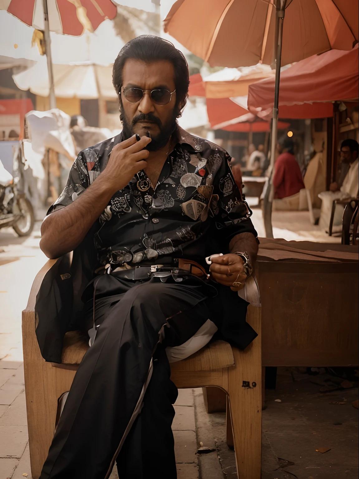 Change this background into dark mafia don, change look alike Rajinikanth with long beard