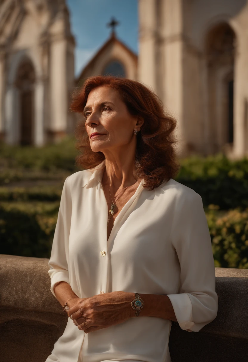 A woman (66 years old), painted dark ginger hair, straight hair, female shirt with buttons, pantalona pants, short stature, Chanel haircut, light brown skin, sitting in front of a Portuguese church, realistic picture, portrait