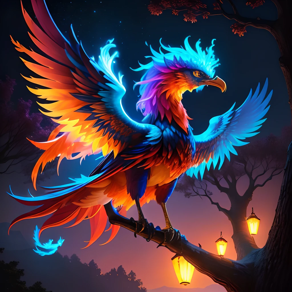 There are glowing phoenixes sitting on plane trees,fanciful,4K high quality and lifelike