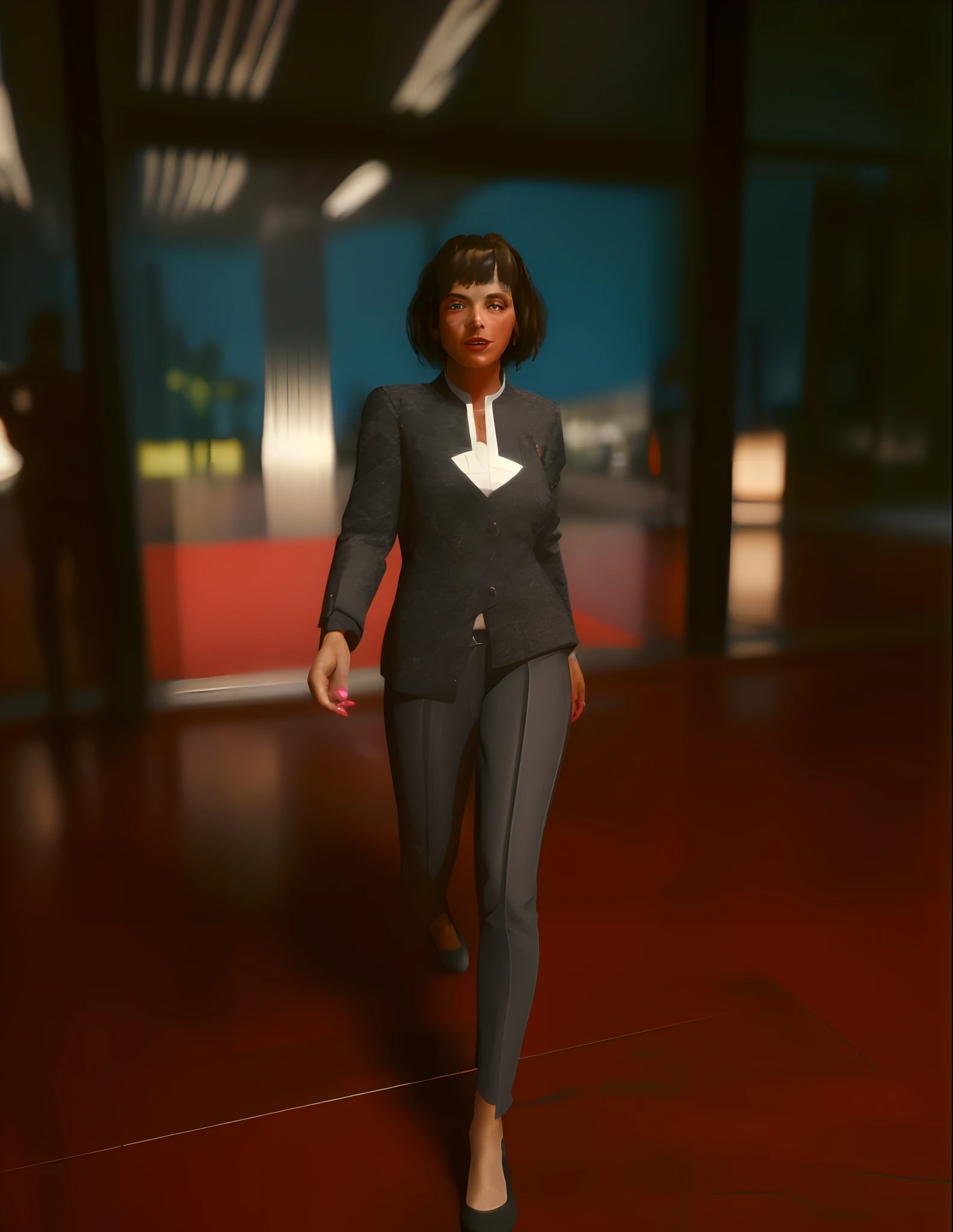 There's a woman in a suit walking on a red floor, avermelhado com raytracing, Motor irreal. retro film still, designer maravilhoso, protagonista feminina, raytracing em, Ray Tracing ativado, Solo Performance Unreal Engine, marvelous designer substance, Personagem pequeno. Motor Unreal 5, Captura de tela de jogabilidade de moda, renderizado em unreal 5, Raytracing fotorrealista, cinematic outfit photo