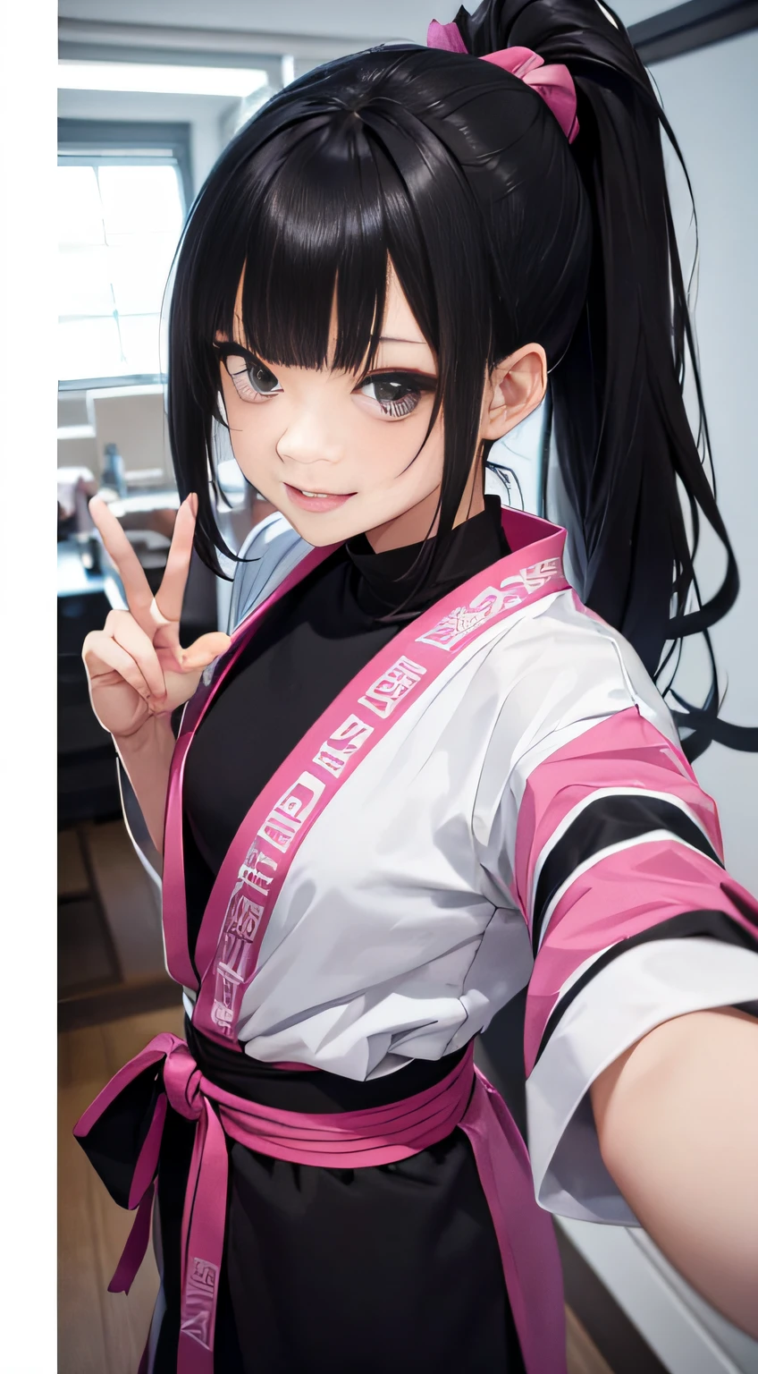 masutepiece, 8K best image quality, 8K ultra-high resolution, (Cute slender woman in anime style), A big smile、 sixteen years old、(Eyes, Beautiful eyes:1.2), (hairstyle on, black dull bangs:1.2), (The hair、Short ponytail:1.2)、(shuriken)、Full body, Kunoichi, Active, Ninja-style costume arrangement、Pink Judogi、Grey spats、 (accurate fingers, Correct number of fingers), Selfie stick、Take a selfie with your smartphone、