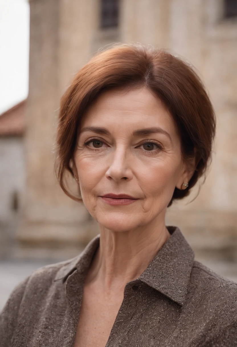 A woman (66 years old), painted dark ginger hair, straight hair, female shirt with buttons, pantalona pants, short stature, Chanel haircut, light brown skin, sitting in front of a Portuguese church, realistic picture, portrait