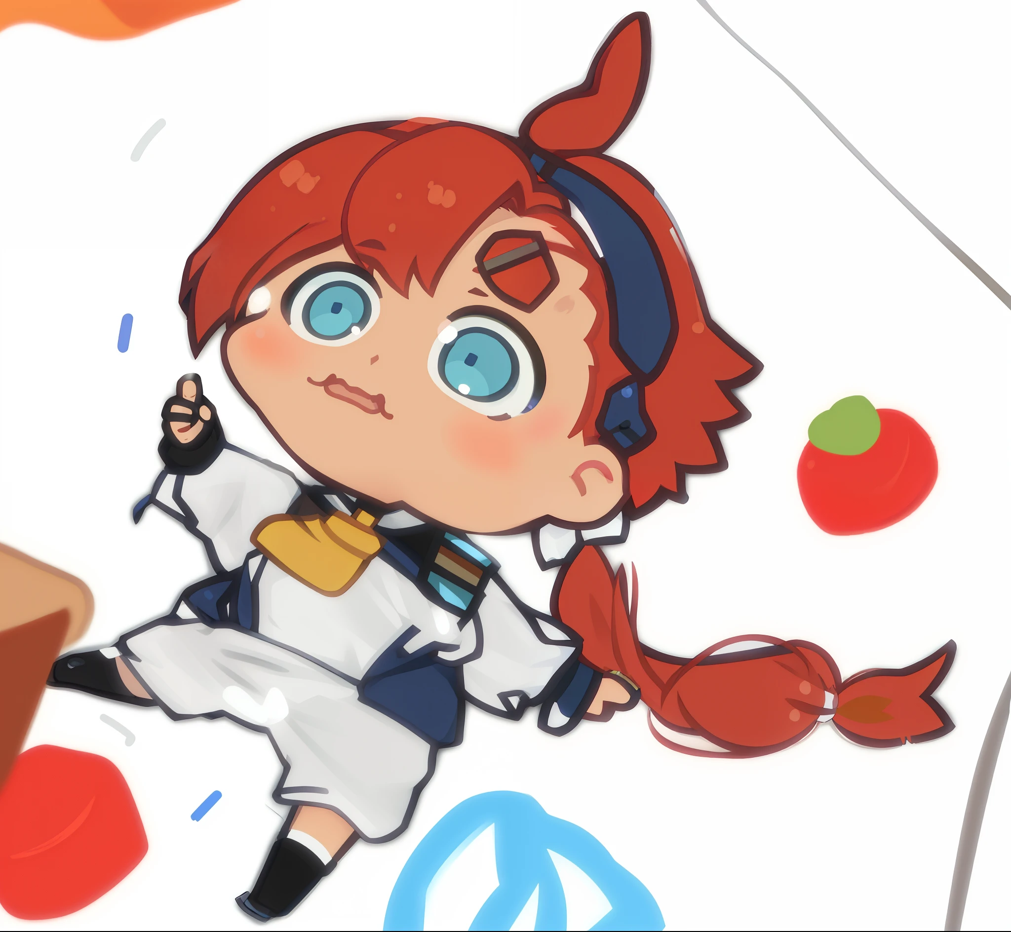 anime character with red hair and blue eyes laying on a white sheet of paper, painted in anime painter studio, smol, zerochan, made with anime painter studio, 🍁 cute, pudica pose gesture, marin kitagawa fanart, with index finger, clip studio paint, orange - haired anime boy, rin, inspired by Awataguchi Takamitsu