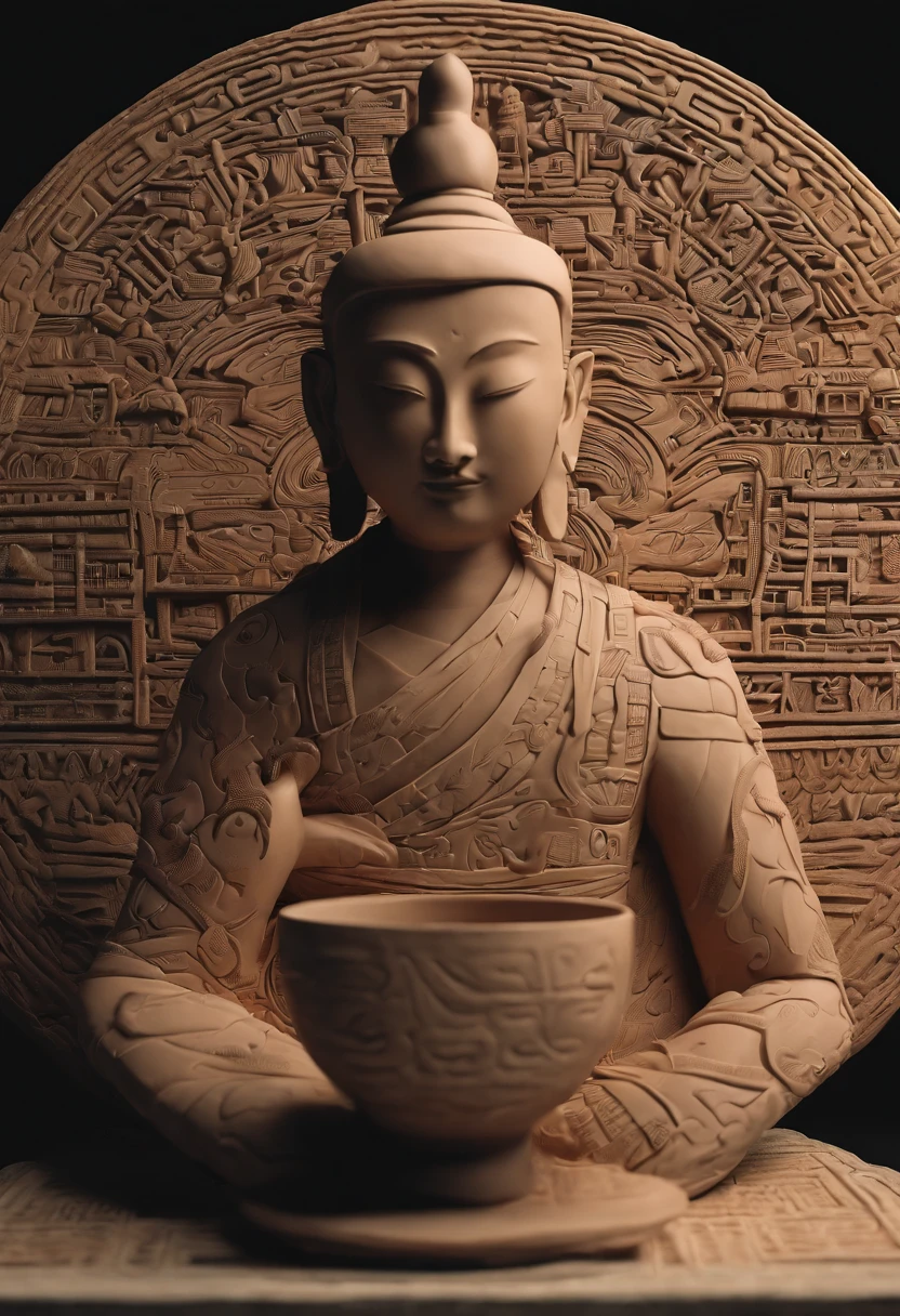 portrait of a buddha,it's in the middle of the image, There are some Chinese effects and decorations scattered throughout the picture,Dunhuang Mogao Grottoes Buddha statue