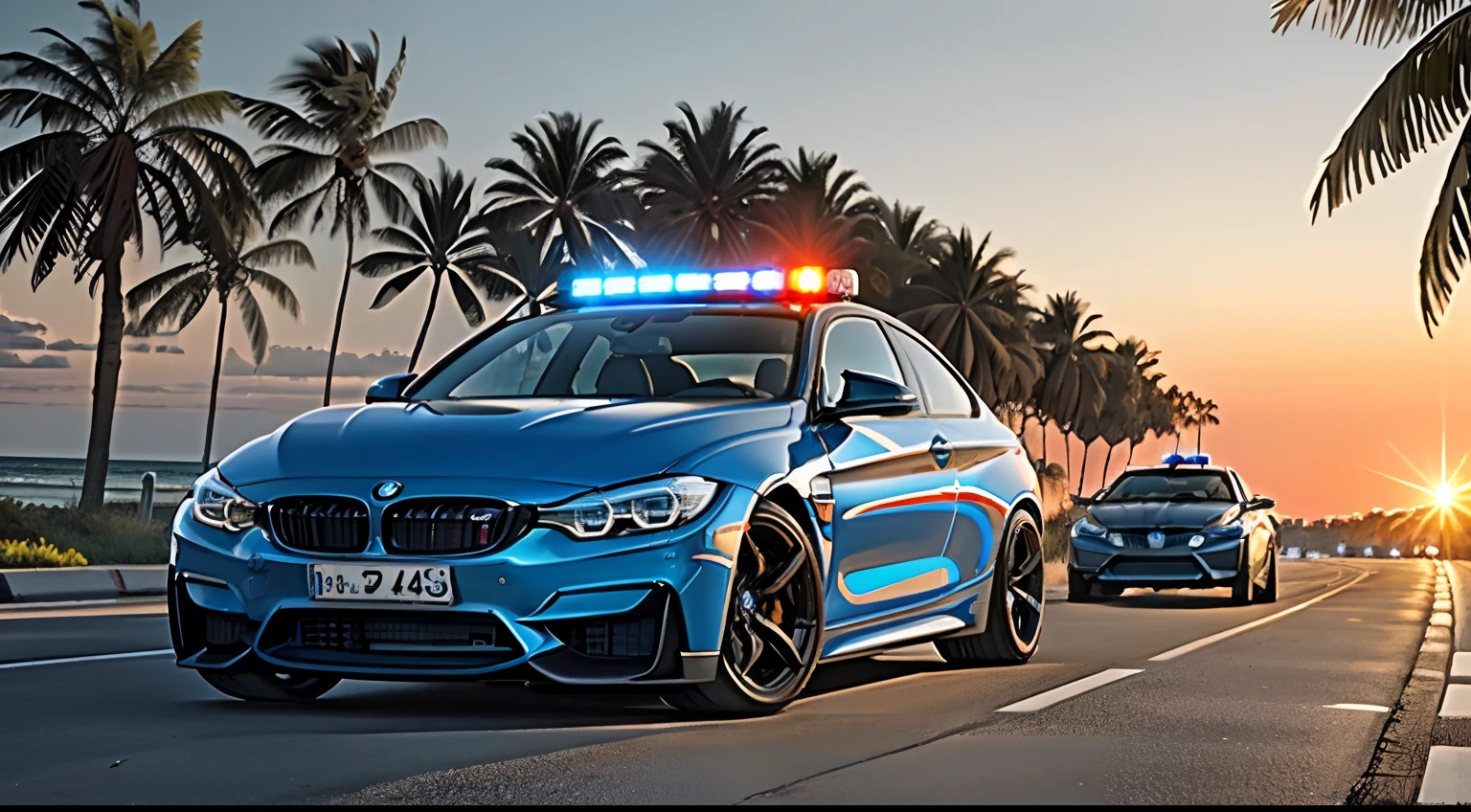 police car pulling over a blue bmw m4, florida, sunset, palm trees, beach, cinematic, raytracing, photorealistic, ultra-detailed,