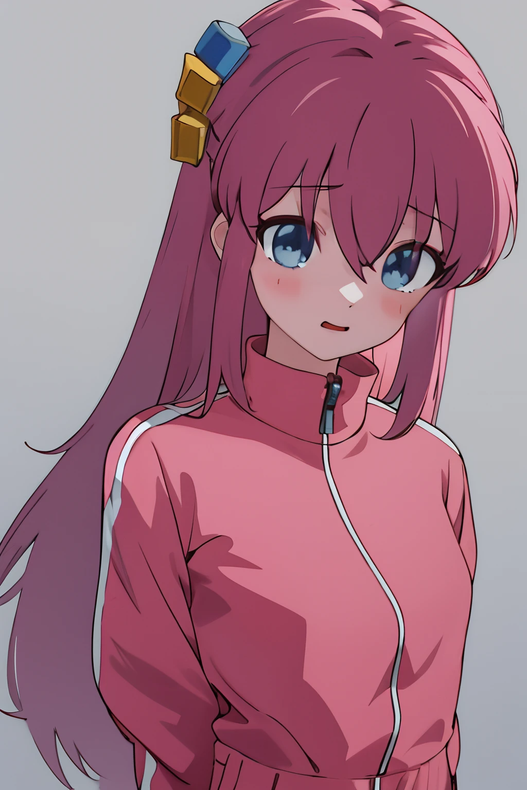 masterpiece, best quality, highres, gotou1, gotou hitori, solo, bangs, hair between eyes, portrait, pink tracksuit, detiled eyes