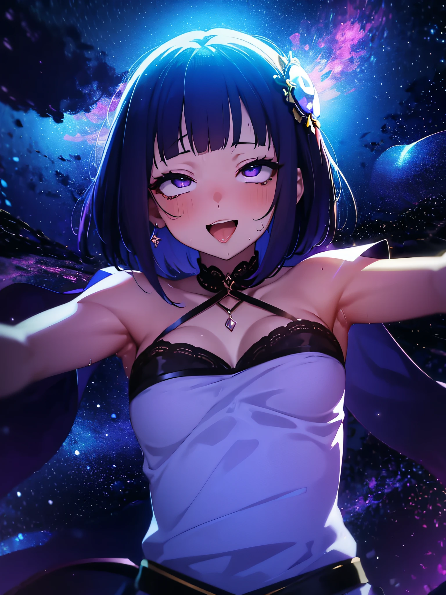 (best quality, masterpiece:1.2),1girl, solo,raidengenshin,beautiful detailed eyes,beautiful detailed lips,extremely detailed eyes and face,long eyelashes,(vivid colors,purple,hues of purple color:saturated),revealing Purple V-neck blouse,exposed chest,loose sarong with green Kuja symbol,slender legs,night stargazing,beautiful smile,happy expression,joyful,charming lady