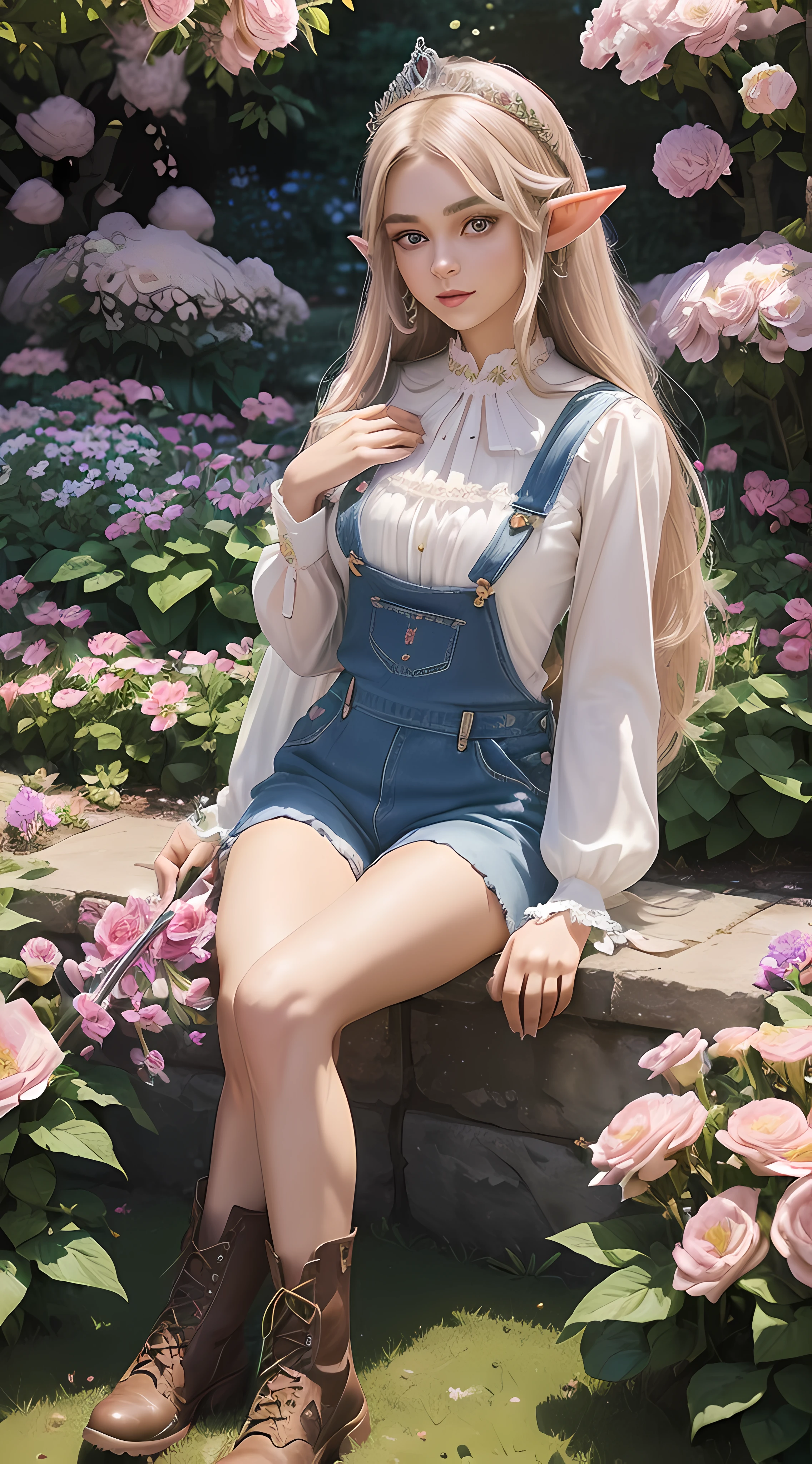 (((woman, small breasts, medium length straight hair in color #9932CC, delicate face, eyes color #00EEEE, thick and symmetrical eyebrows, large eyelashes, elf ears))) ((Blouse with long sleeves in cedar in color #FFC1C1, denim overalls over the blouse, delicate bracelet, flower tiara over the bib, combat boots) (in the left hand a magic wand with a flower design matching the tiara, it is in a garden with colorful flowers and vibrant colors , delicate and ultra detailed composition) full body image