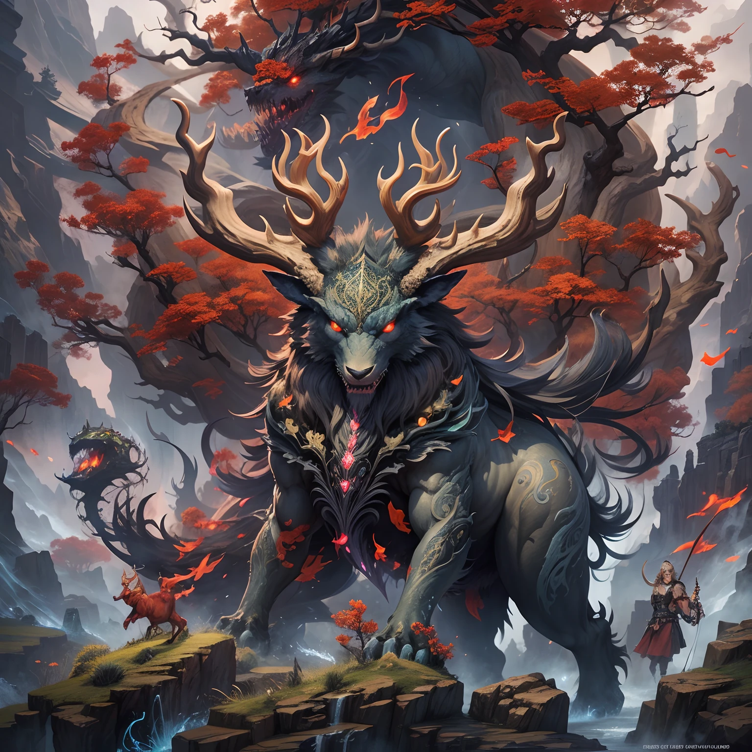 tmasterpiece,high high quality,high definition resolution,16k,realisticlying,the mountains and the sea,Evil monsters from hell,The demons,Ferocious,brutality,Old,Black-green scales,quadrupedal,deer antlers,mane hair,,Sharp claws,beast of prey,Fangs and sharp teeth,Sparkling red eyes,Gigantic body,full bodyesbian,Harnessing the flames,Use ice magic,Ice and fire magic,Chinese mythology,Oriental elements,Epic mythological fantasy,digital art fantasy,Ancient Chinese myths and legends,mythological creatures,Intricate fantasy ink painting, Detailed fantasy ink illustration, fantasy highly detailed, beautiful detailed fantasy, magic fantasy highly detailed, highly detailed fantasy art, epic rivendell fantasy, japanese fantasy, detailed fantasy digital art, Chinese fantasy, detailed fantasy art