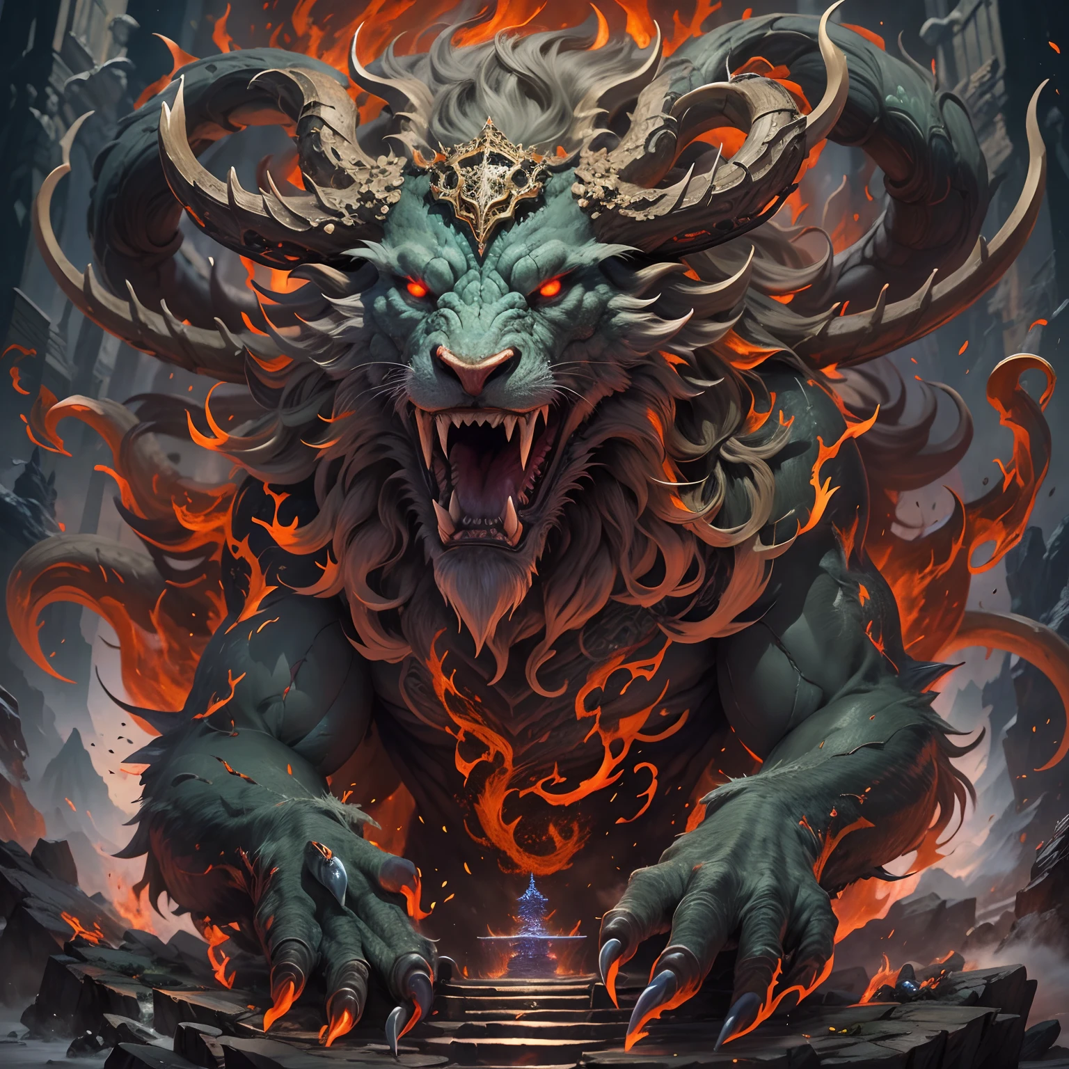 tmasterpiece,high high quality,high definition resolution,16k,realisticlying,the mountains and the sea,Evil monsters from hell,The demons,Ferocious,brutality,Old,Black-green scales,quadrupedal,deer antlers,mane hair,,Sharp claws,beast of prey,Fangs and sharp teeth,Sparkling red eyes,Harnessing the flames,Use ice magic,Chinese mythology,Oriental elements,Epic mythological fantasy,digital art fantasy,Ancient Chinese myths and legends,mythological creatures,Intricate fantasy ink painting, Detailed fantasy ink illustration, fantasy highly detailed, beautiful detailed fantasy, magic fantasy highly detailed, highly detailed fantasy art, epic rivendell fantasy, japanese fantasy, detailed fantasy digital art, Chinese fantasy, detailed fantasy art