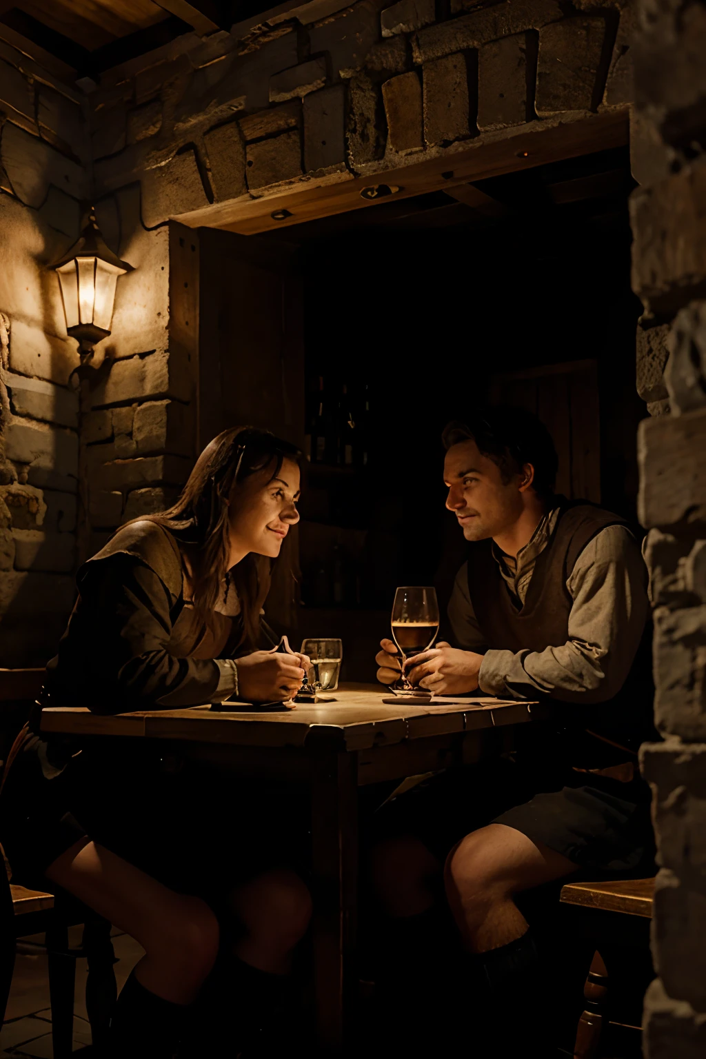 Sneaky thieves sitting at a table in a dark corner of a medieval tavern