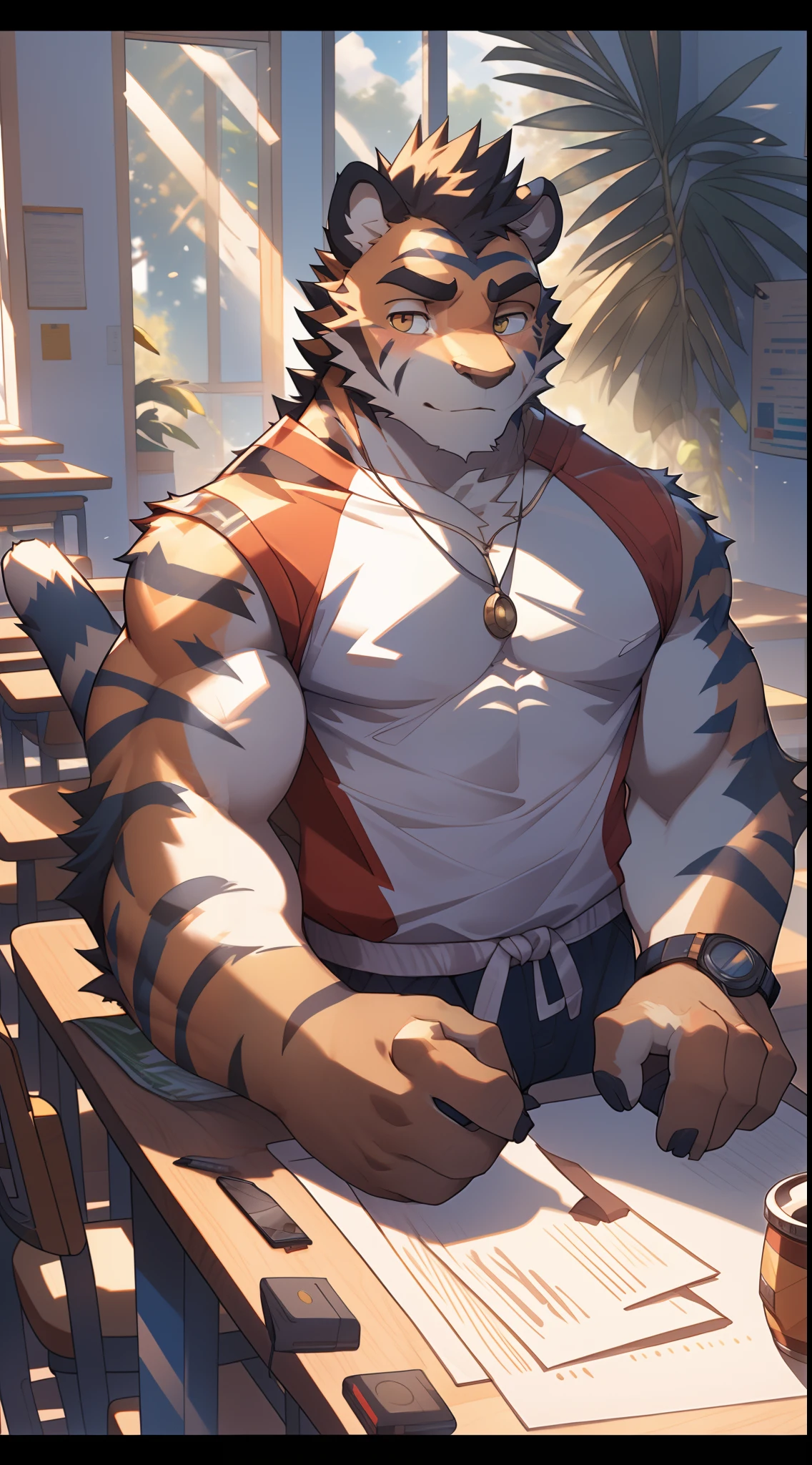 Tiger Orc, Tall,Be athletic, sports student, sunny handsome, Camera on white round table, Simple background, White wall, Dappled light, Natural light, Interior rendering, West Jimmy, Clear detail, Realism, rendering, Nikon, C4D, 3DMAX, Redshift rendering, corona rendered, Bejas , hands crossed, Shy, estrus