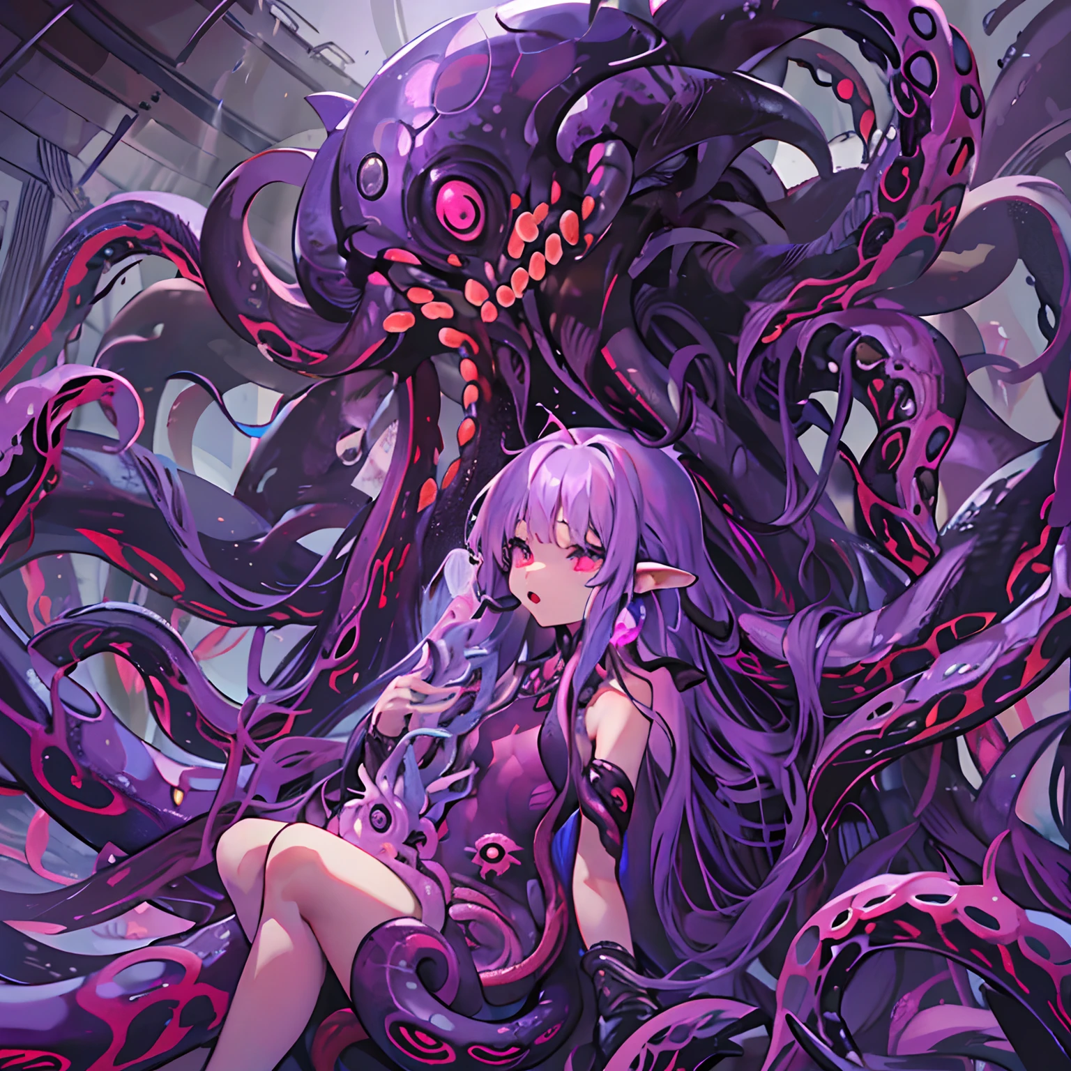 In the Zerg lair。Petite **** Zerg queen，The body is full of tentacles，Grab humans with tentacles，Tentacles reach into the human mouth，Suck on human nutrients，Breeding Zerg girls。The **** Zerg Queen hugged a human to squeeze out the nutrients