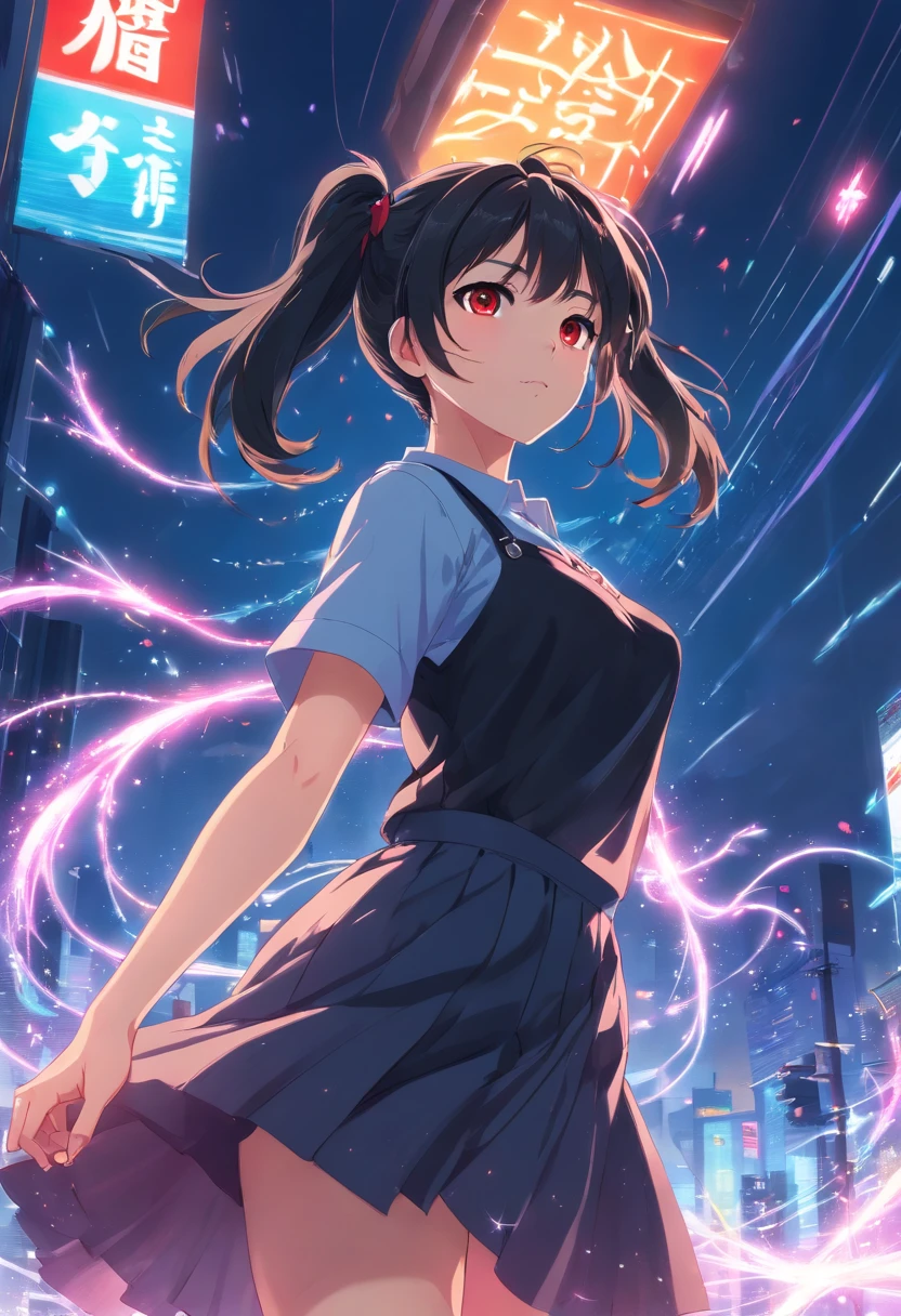 (masterpiece, best quality:1.3), (ultra-detailed:1.3), 1girl, solo, (black hair, messy hair, pigtails, long hair), large chest, large boobs, red eyes, (black dress, black short skirt), cowboy shot, cinematic lighting, (((glowing light particles))), (arms behind back), dynamic angle