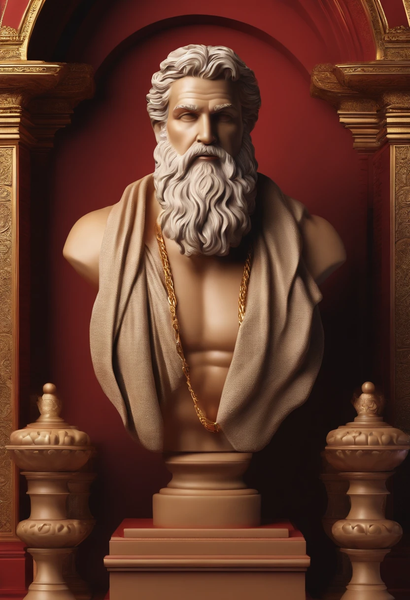 Crie uma imagem 8K inspiradora representando um Zeus grego ,Forte, olhando para o lado, immortalized as a bust statue, Single bust statue, com detalhes minuciosos, com fundo azul coloque ele com com roupa vermelha