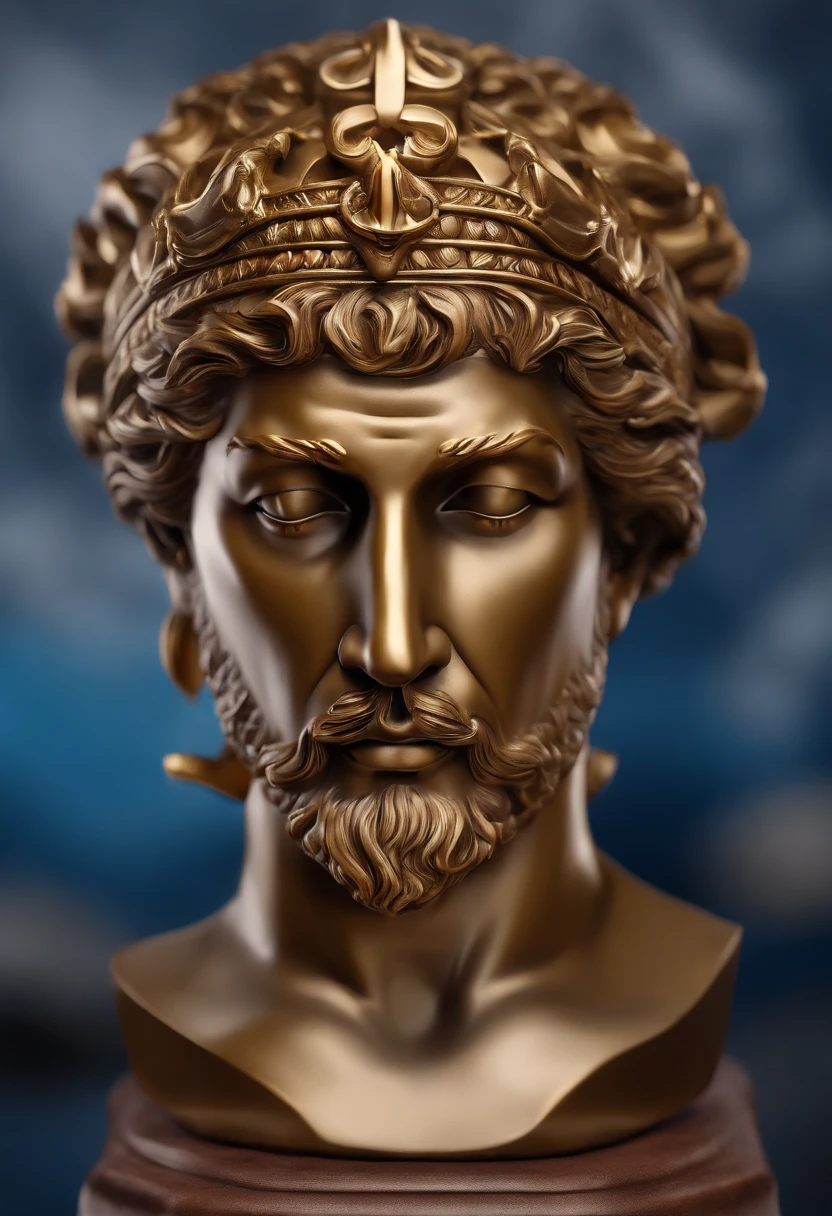 Crie uma imagem 8K inspiradora representando um Zeus grego ,Forte, olhando para o lado, immortalized as a bust statue, Single bust statue, com detalhes minuciosos, com fundo azul coloque ele com com roupa vermelha