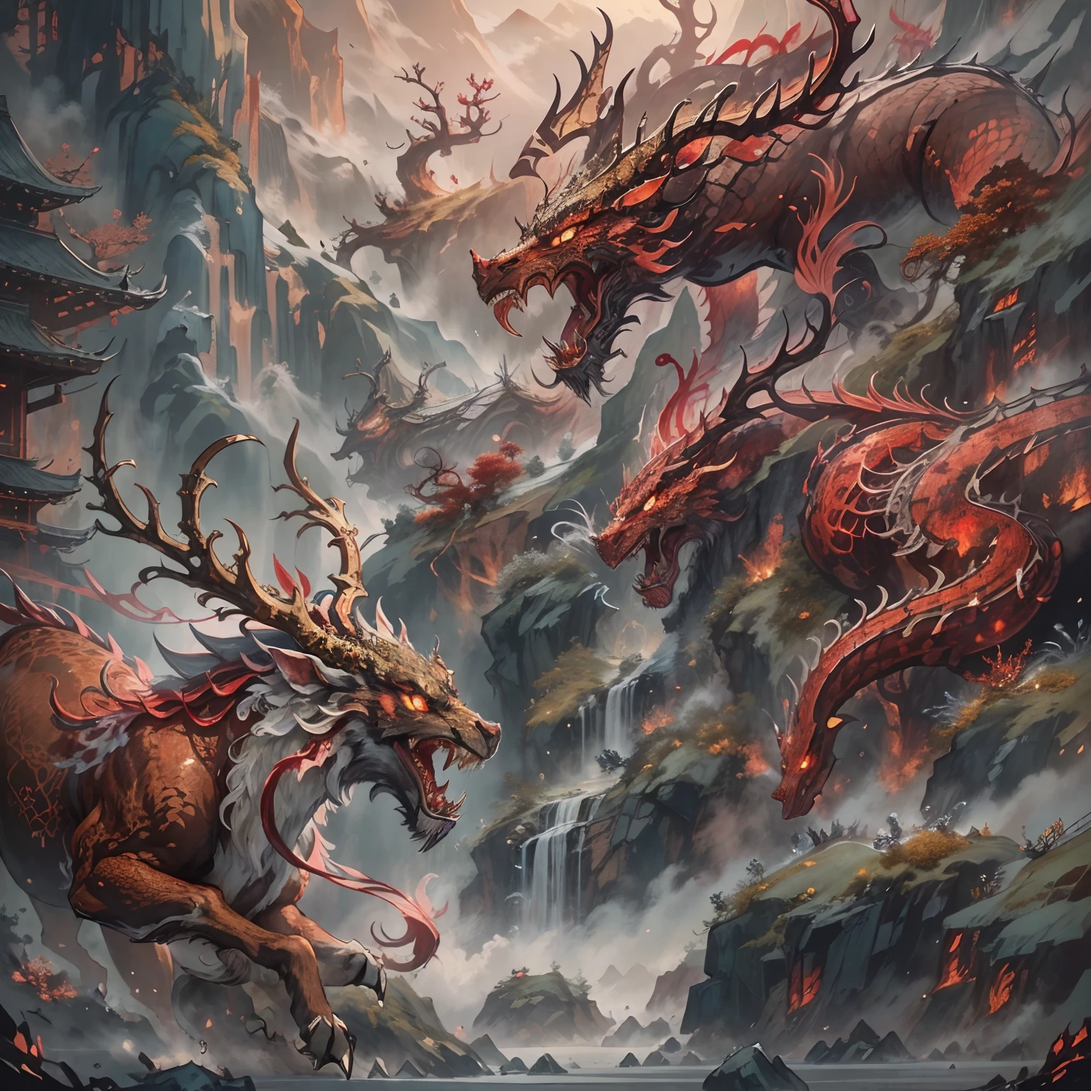 (Best quality,8K,A high resolution,Masterpiece:1.2),Ultra-detailed,(Realistic,Photorealistic,photo-realistic:1.37),Ancient beasts from hell，The demons，Chinese mythology，Mountain and Sea Sutra，the mountains and the sea,Ancient legends,mythological creatures,Sparkling golden scales,deer antlers,mane hair,,Sharp claws,beast of prey，Fangs and sharp teeth，Sparkling red eyes， Intricate fantasy ink painting, Detailed fantasy ink illustration, fantasy highly detailed, beautiful detailed fantasy, magic fantasy highly detailed, highly detailed fantasy art, epic rivendell fantasy, japanese fantasy, detailed fantasy digital art, Chinese fantasy, detailed fantasy art,