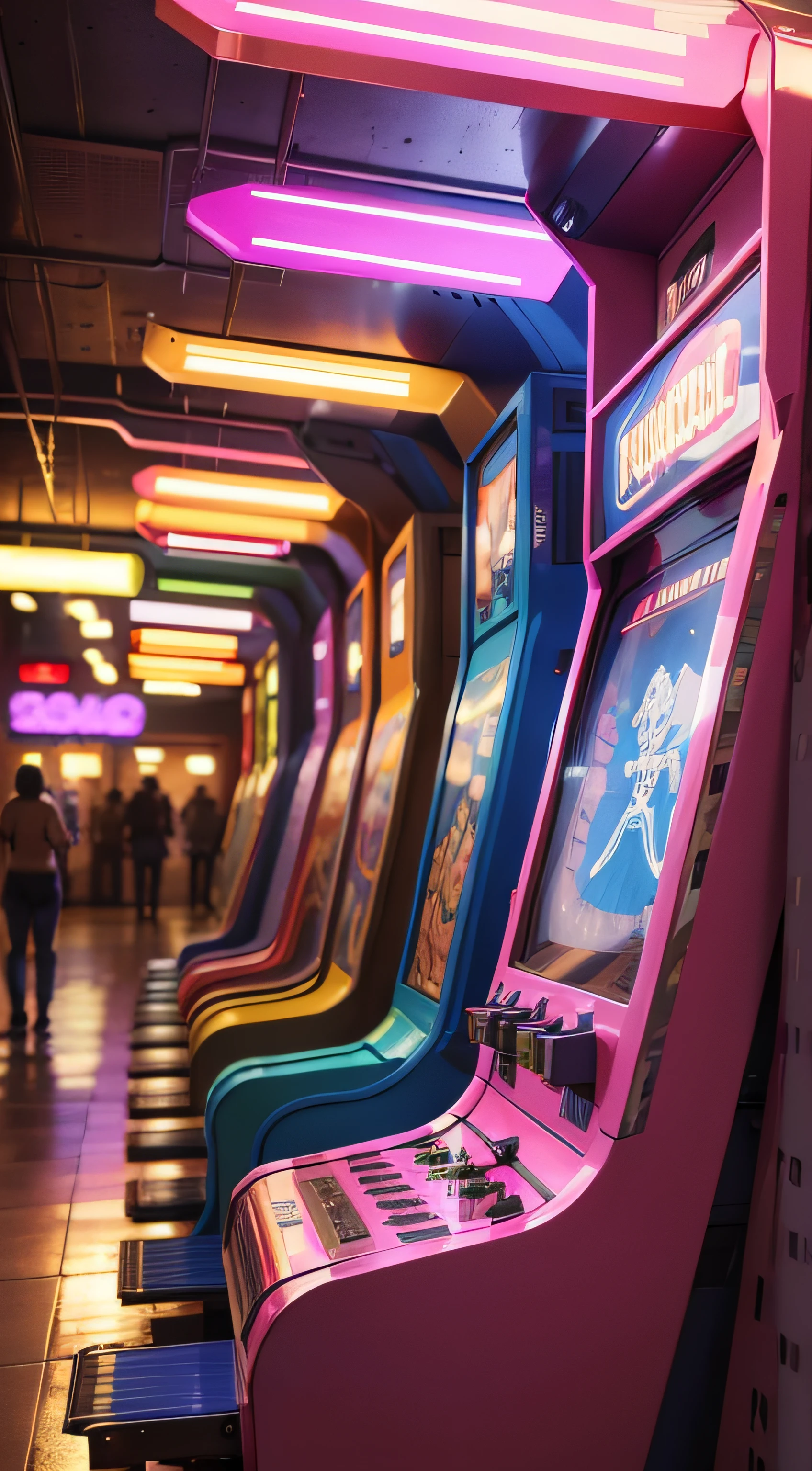 arcade mechines, 80´s style, fun place, colorful, 8k, sharpen focus, high resolution