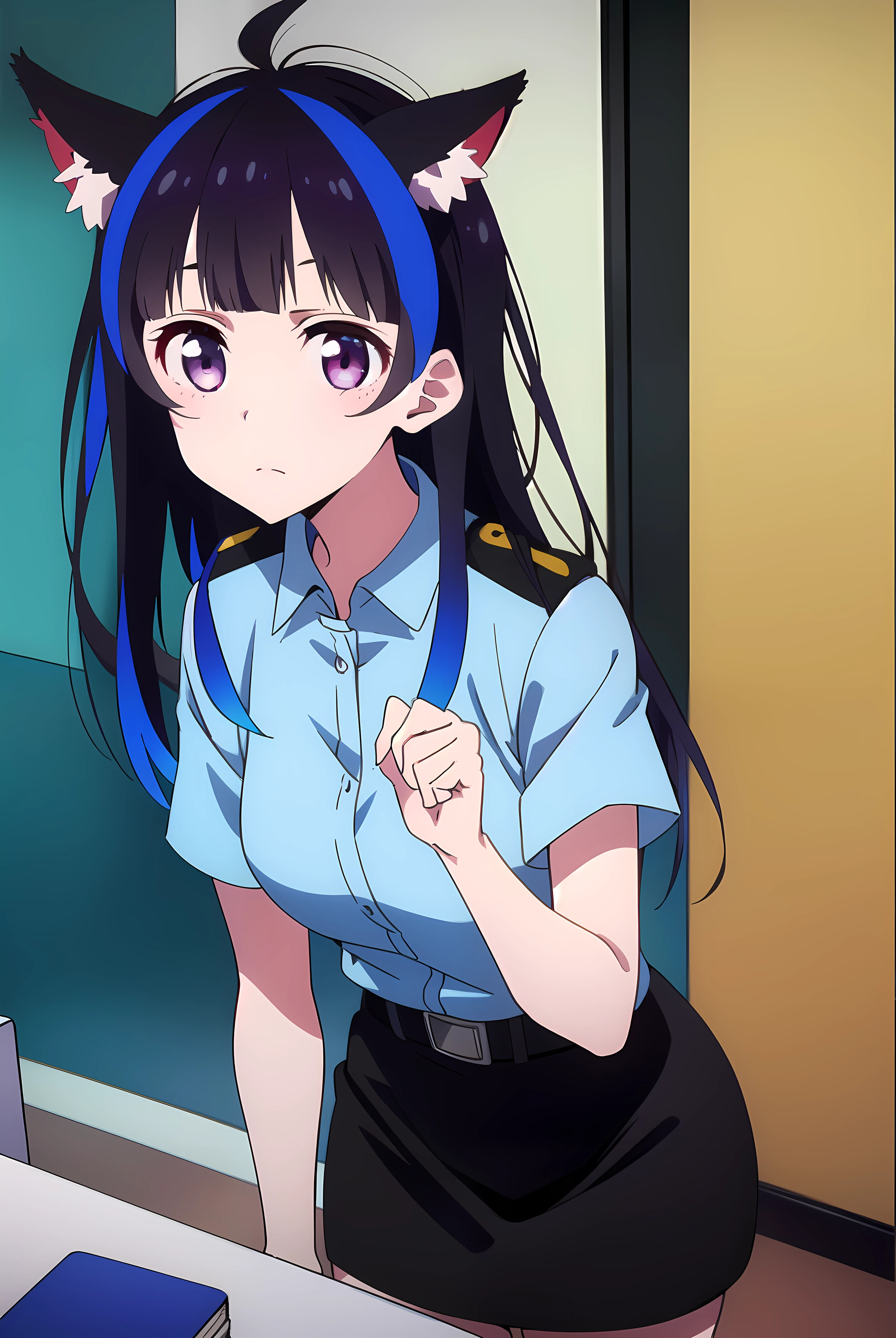 miniyaemori, mini yaemori, long hair, bangs, black hair, blue hair, (purple eyes:1.1), multicolored hair, blunt bangs, streaked hair, ahoge,
BREAK skirt, shirt, animal ears, short sleeves, collared shirt, belt, cat ears, black skirt, uniform, animal ear fluff, parody, blue shirt, pencil skirt, black belt, police, police uniform,
BREAK looking at viewer,
BREAK indoors,
BREAK (masterpiece:1.2), best quality, high resolution, unity 8k wallpaper, (illustration:0.8), (beautiful detailed eyes:1.6), extremely detailed face, perfect lighting, extremely detailed CG, (perfect hands, perfect anatomy),