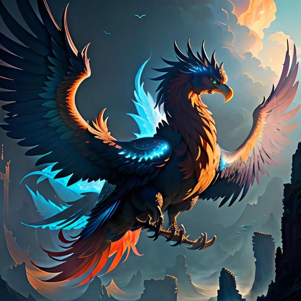 There are glowing phoenixes sitting on plane trees，Auspicious clouds，Chinese mythology，An epic ancient fantasy，16K ，high high quality，realisticlying，tmasterpiece，winning artwork，high definition resolution，